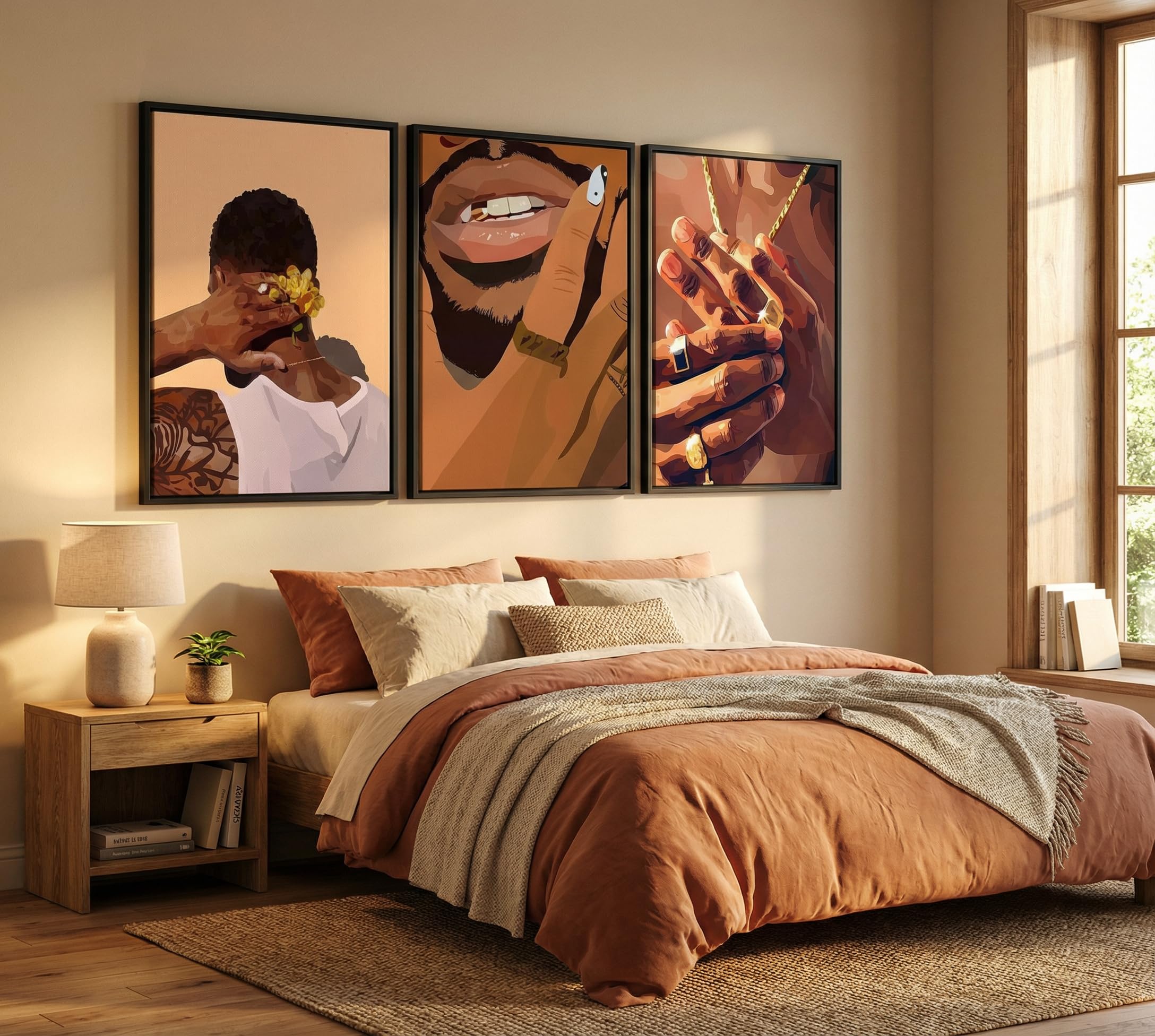 3 Pcs Black Gold Woman Canvas Wall Art African American Black Girl Wall Decor Pictures Abstract Black Gold Female Poster Print Artwork for Living Room Bedroom Scene Home Decoration Prepare To Hang