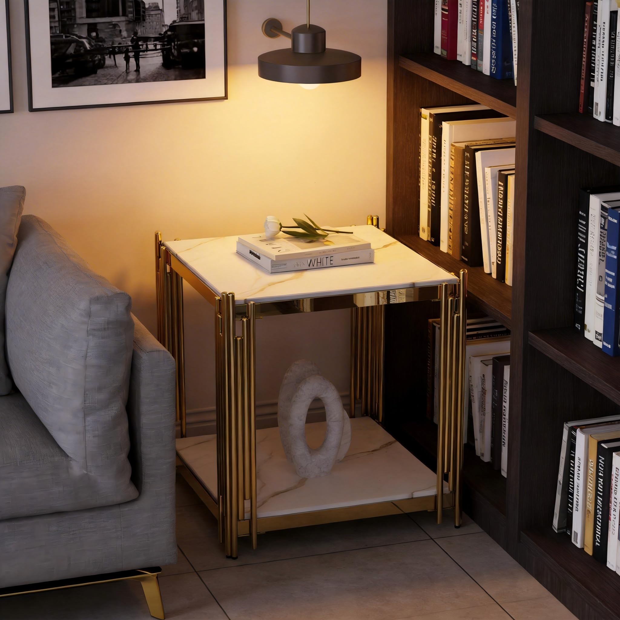 Luxury Gold Square Glass End Table, 19.7" Modern Side Table with Stainless Steel Irregular Leg Clear Tempered Glass Tabletop, Accent Furniture for Living Room, Clear