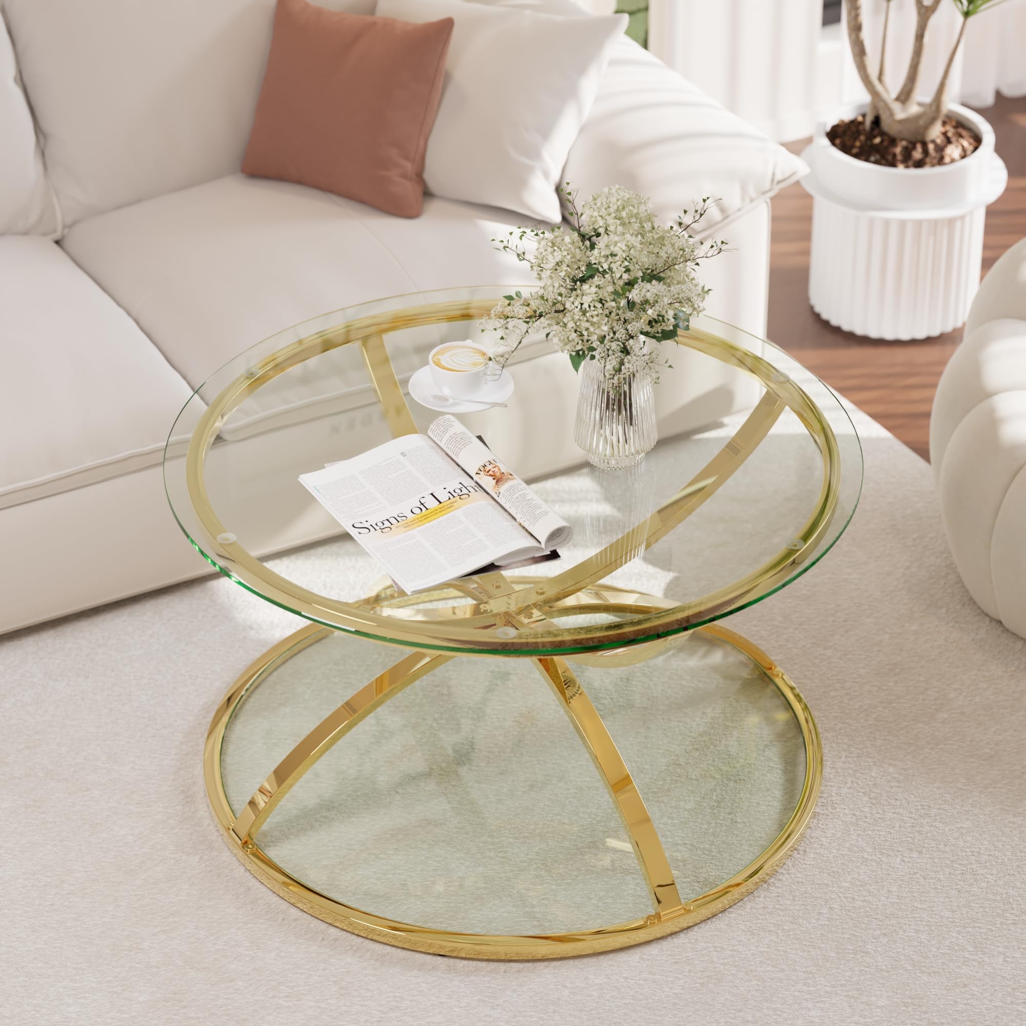 32" Tempered Glass Round Coffee Table Modern Gold Frame Ring Base Single-Layer Circle Living Room Center Tables
