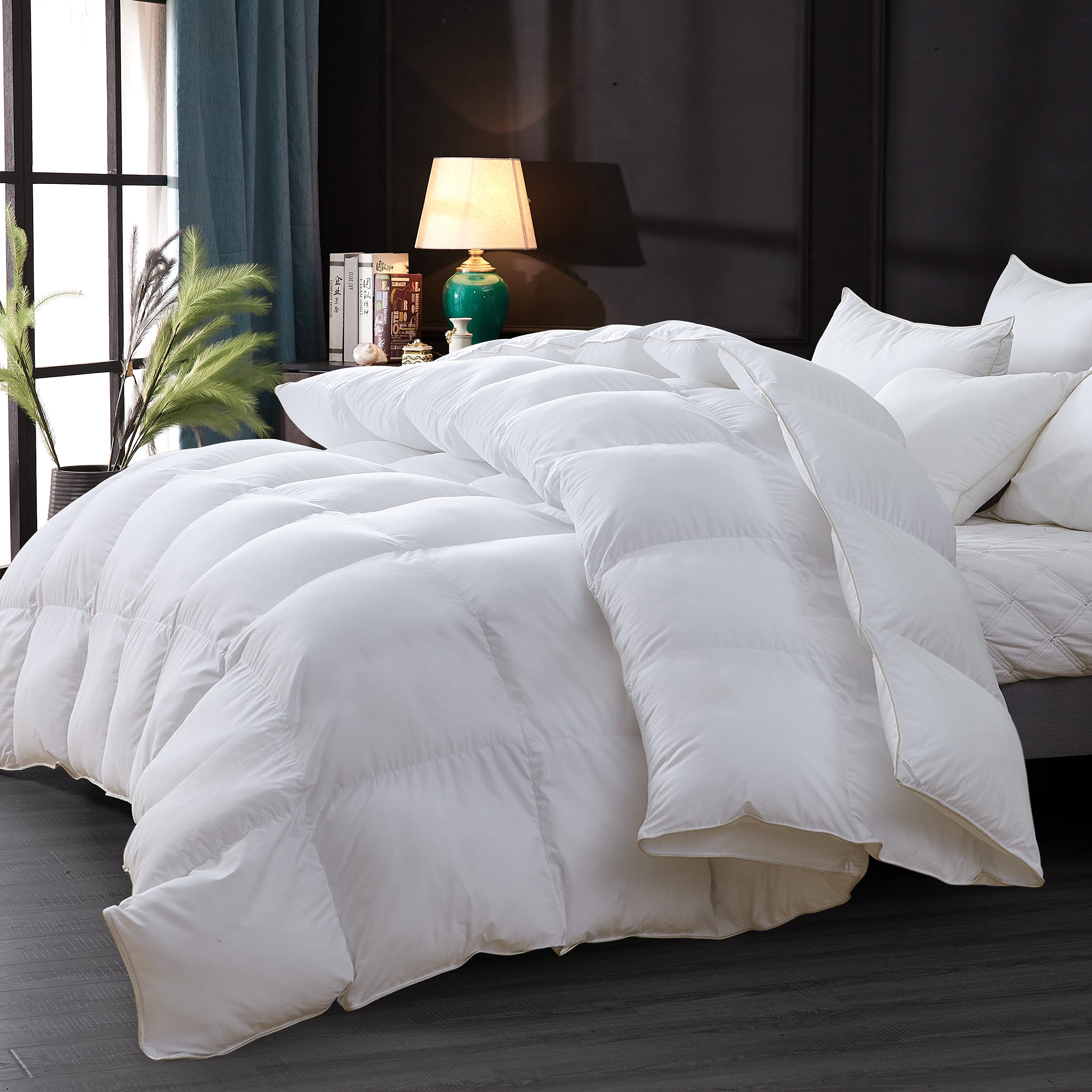 Luxurious White Solid Heavy Weight, Palatial King Size Goose Feathers Down Comforter for Winter Weather, 120 X 98 inches, Premium Baffle Box, 100% Egyptian Cotton Cover, 95 oz. Fill Weight