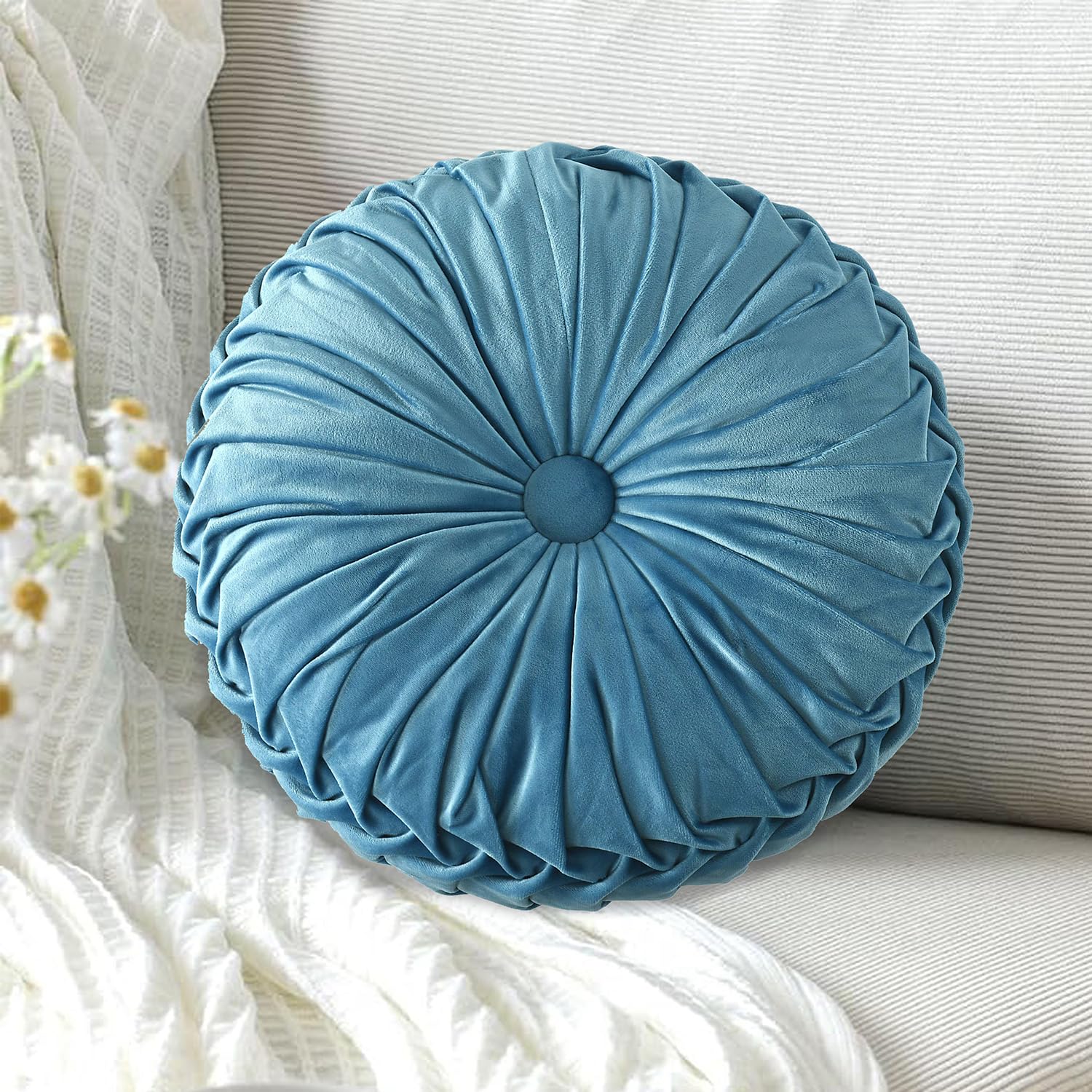 HIG Set of 2 Decorative Round Pleated Throw Pillows,Classy Accent Pumpkin Throw Pillows with Center Button,Vintage Velvet Floor Pillows for Sofa Vanity Chair Bed,Dusty Rose,14.5" Diameter(Ripple)