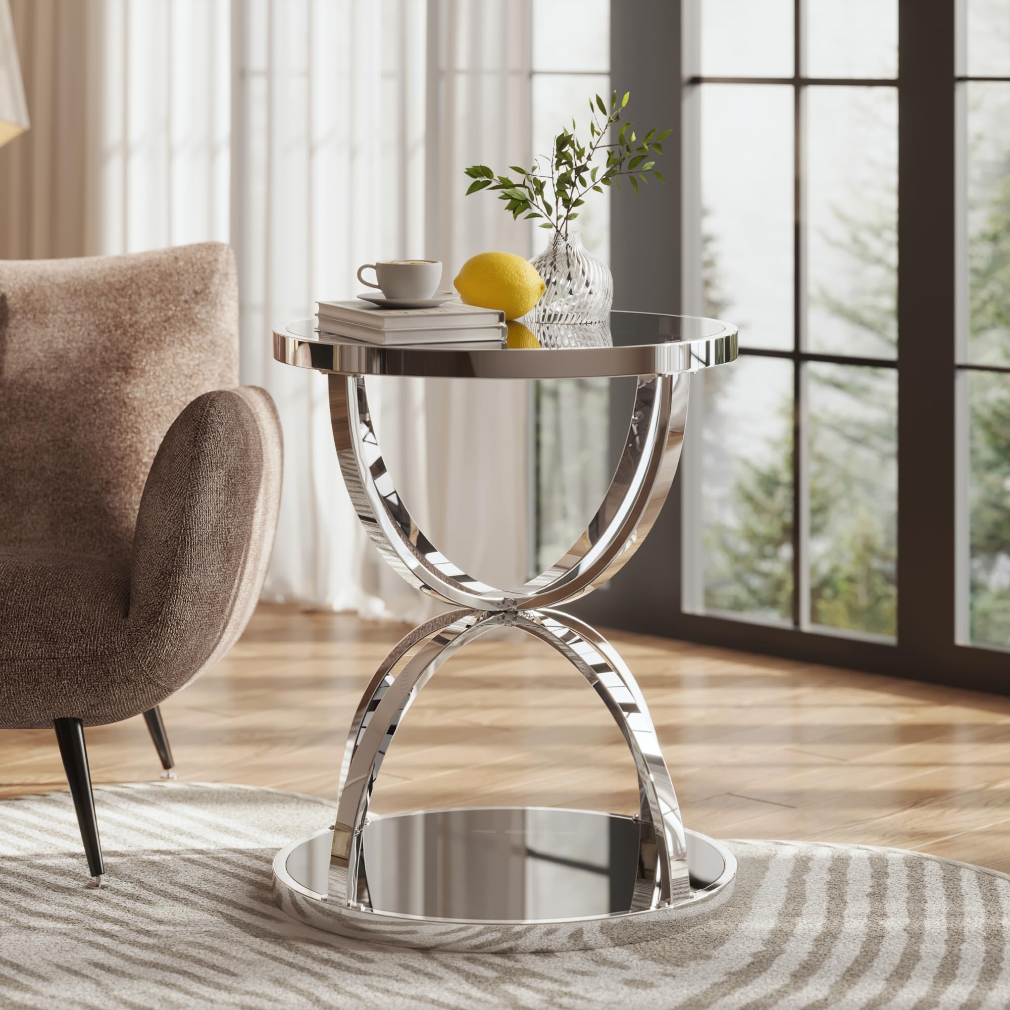 32" Tempered Glass Round Coffee Table Modern Gold Frame Ring Base Single-Layer Circle Living Room Center Tables