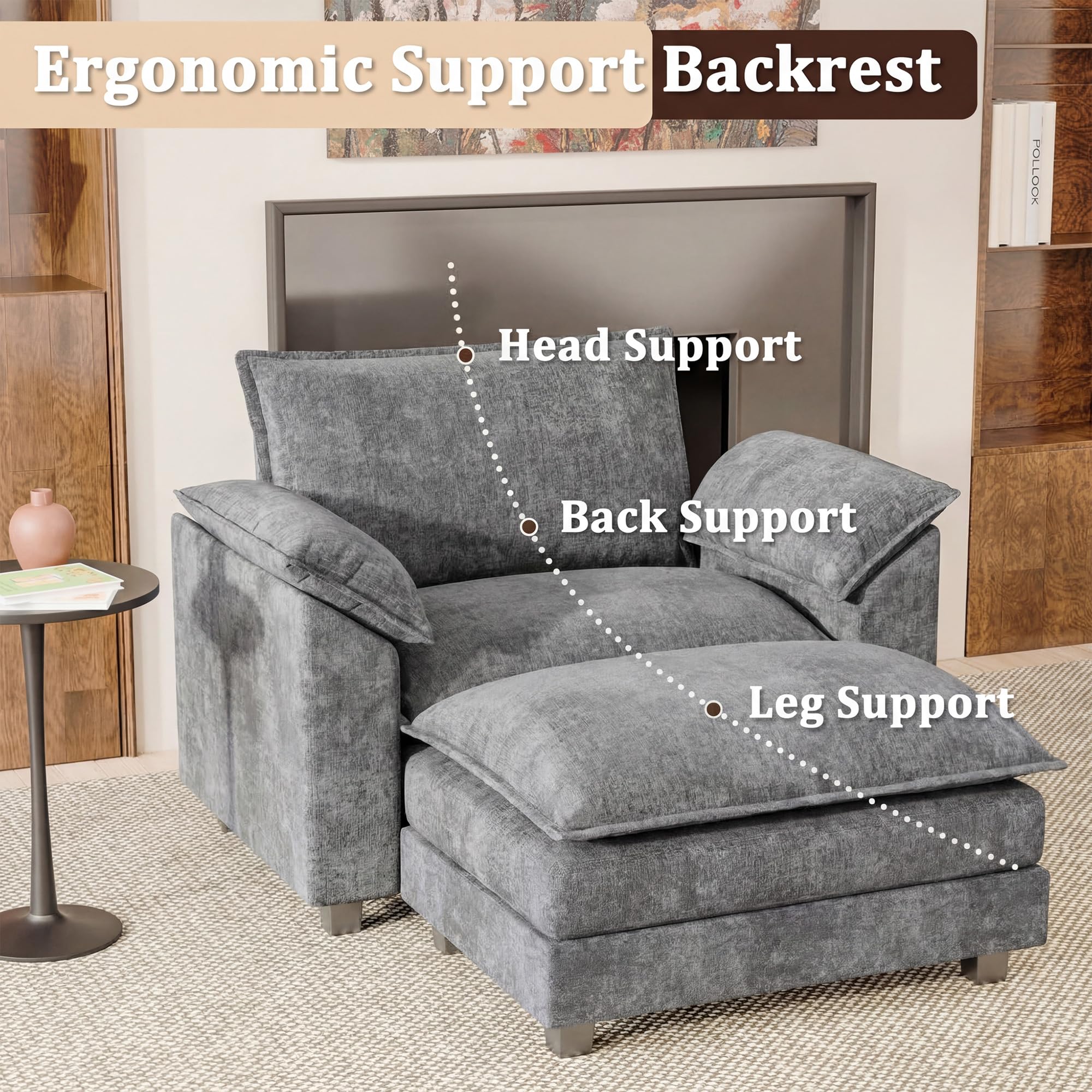 JUMMICO 40" Chaise Lounge Chair for Single Comfy Upholstered Deep Seat Reading Arm Chair Clould Couch for Living Room, Apartment Office, Small Spaces (Dark Blue-3, Single Sofa)