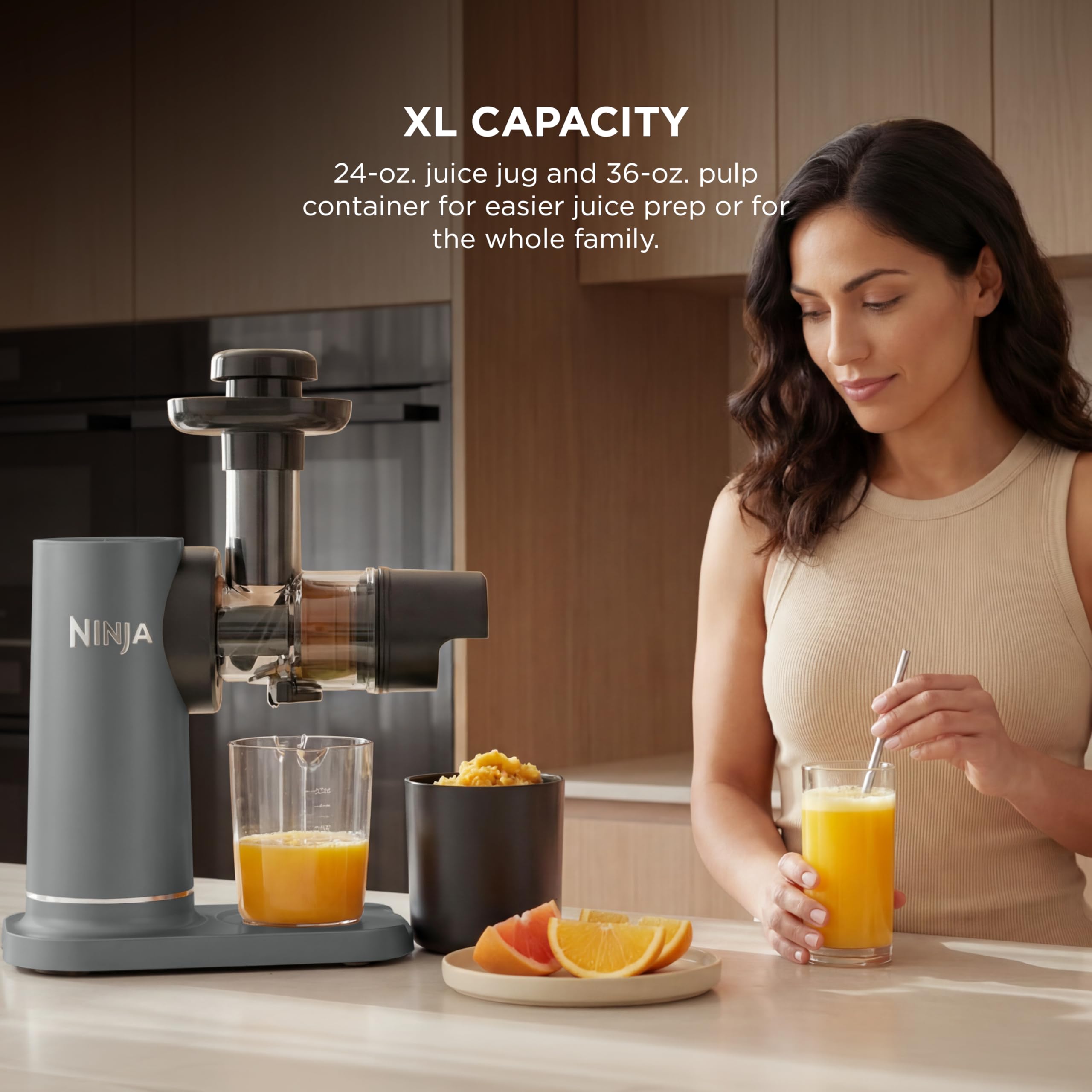 Ninja NeverClog Cold Press Juicer | Powerful Electric Slow Masticating Juicer with Pulp Control | XL Capacity | 24 oz. Juice Jug & 36 oz. Pulp Container | Dishwasher Safe | Navy | 150W | JC151NV