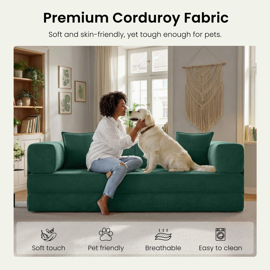 78.8" Convertible Futon Sofa Bed,Corduroy Futon Couch with Storage Pocket,Folding Pull Out Sofa,No Assembly Boneless Couch for Living Room | Pink
