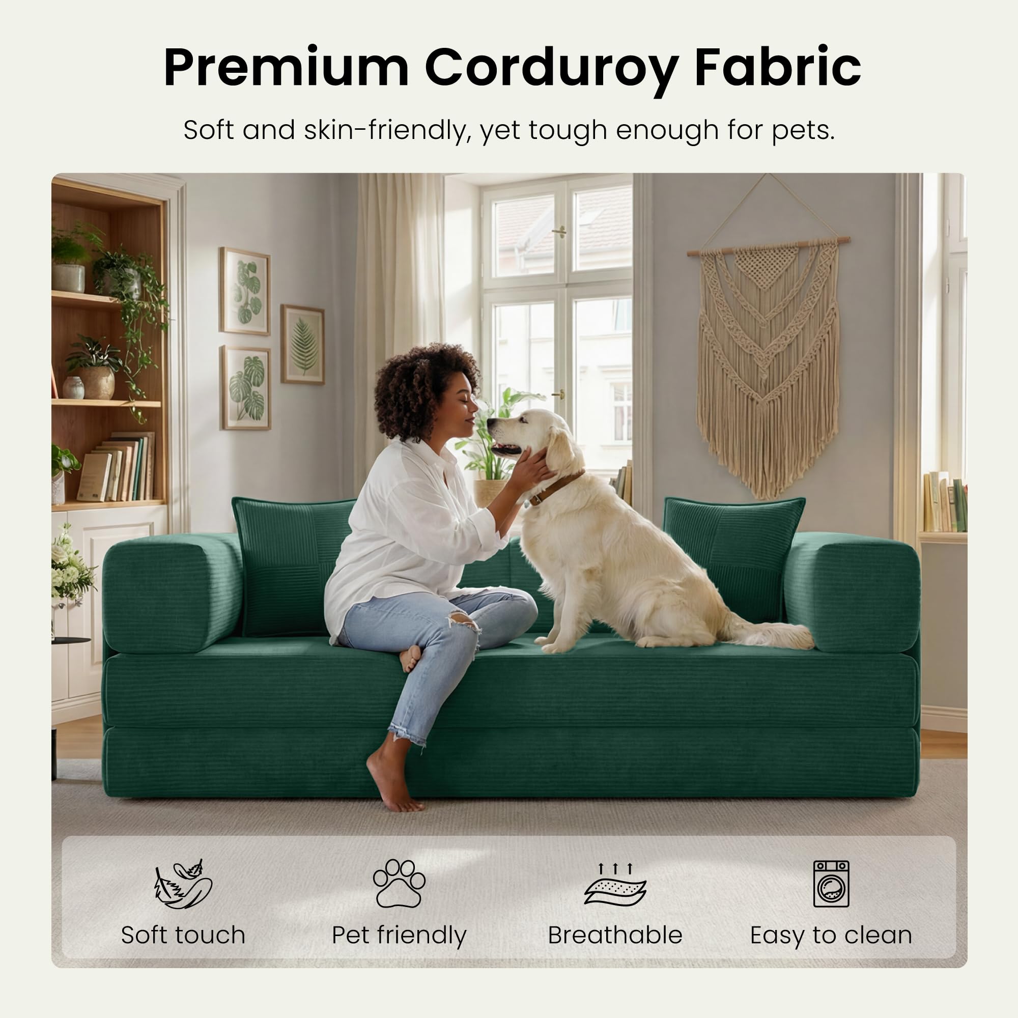 78.8" Convertible Futon Sofa Bed,Corduroy Futon Couch with Storage Pocket,Folding Pull Out Sofa,No Assembly Boneless Couch for Living Room | Pink
