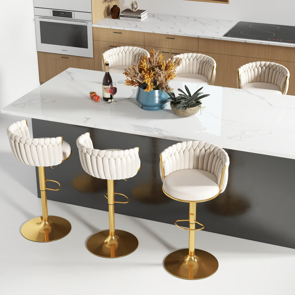 ABET Gold Bar Stool Set of 2, Velvet Swivel Barstools, Height Adjustable Counter Stools with Woven Back, Upholstered Modern Luxury Kitchen Stools with Footrest for Cafe, Pub, Black