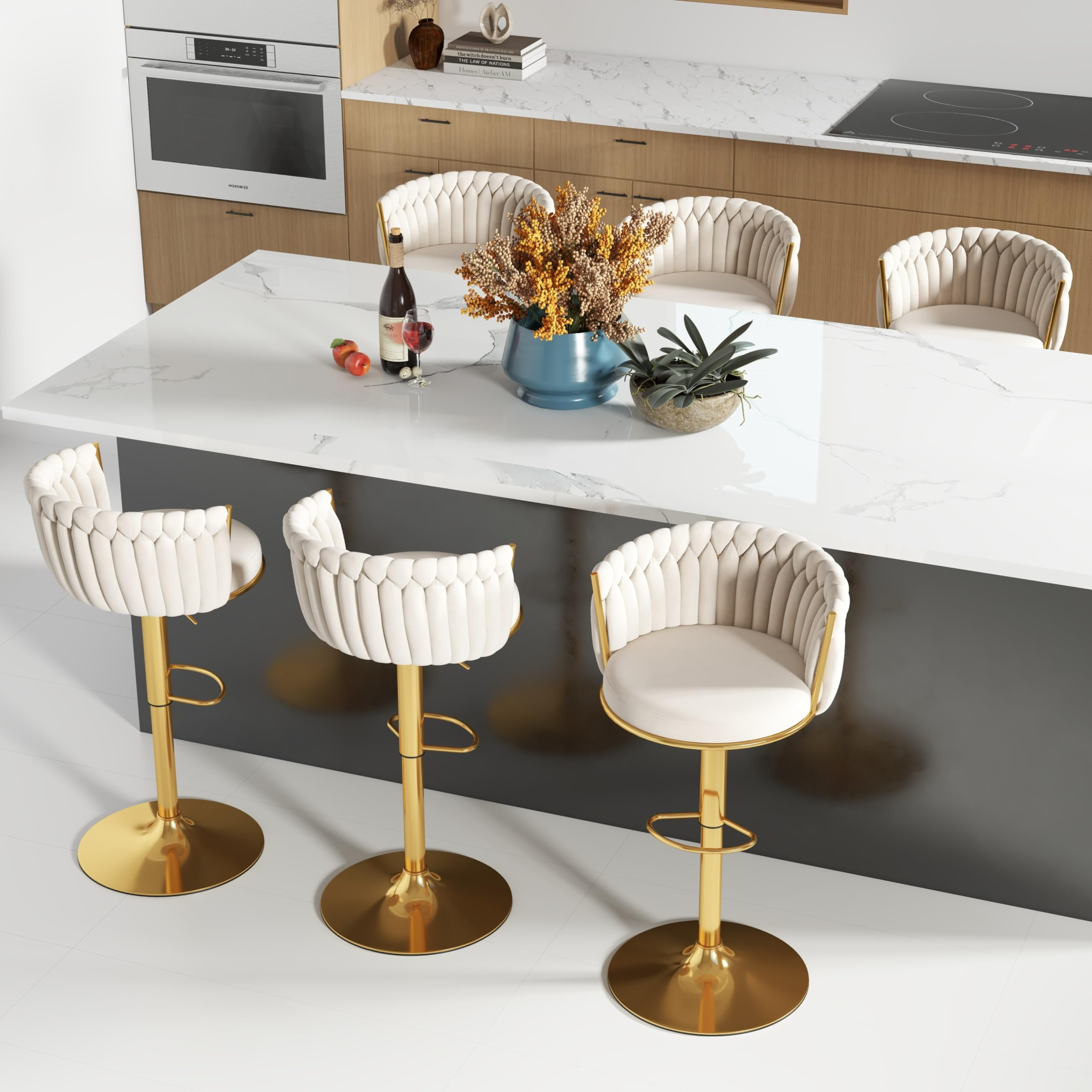 ABET Gold Bar Stool Set of 2, Velvet Swivel Barstools, Height Adjustable Counter Stools with Woven Back, Upholstered Modern Luxury Kitchen Stools with Footrest for Cafe, Pub, Black