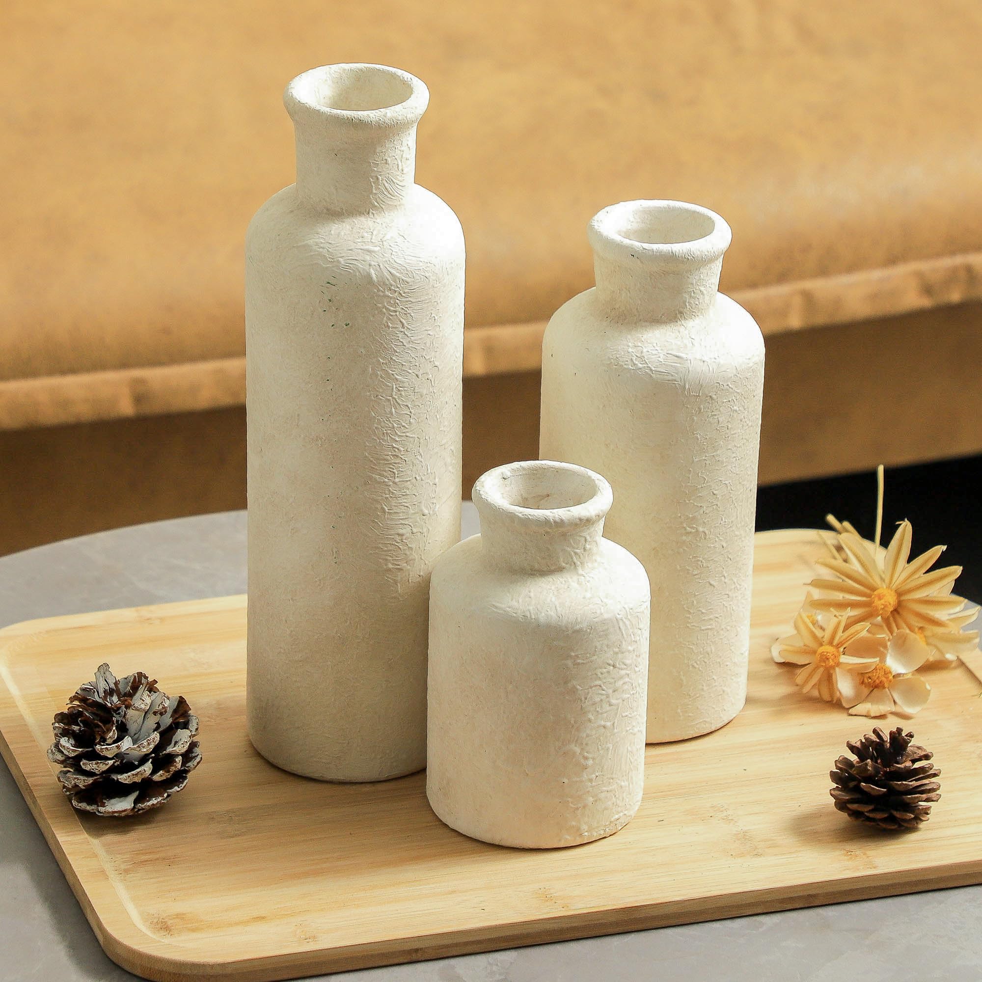 Vintage Vase Set of 3, Ceramic Vintage Flower Vases, Chinoiserie Decorative Home Decor Retro Floral Vase Rustic Farmhouse Decor for Table Bookshelf Mantel Kitchen Living Room Office - Green and Beige