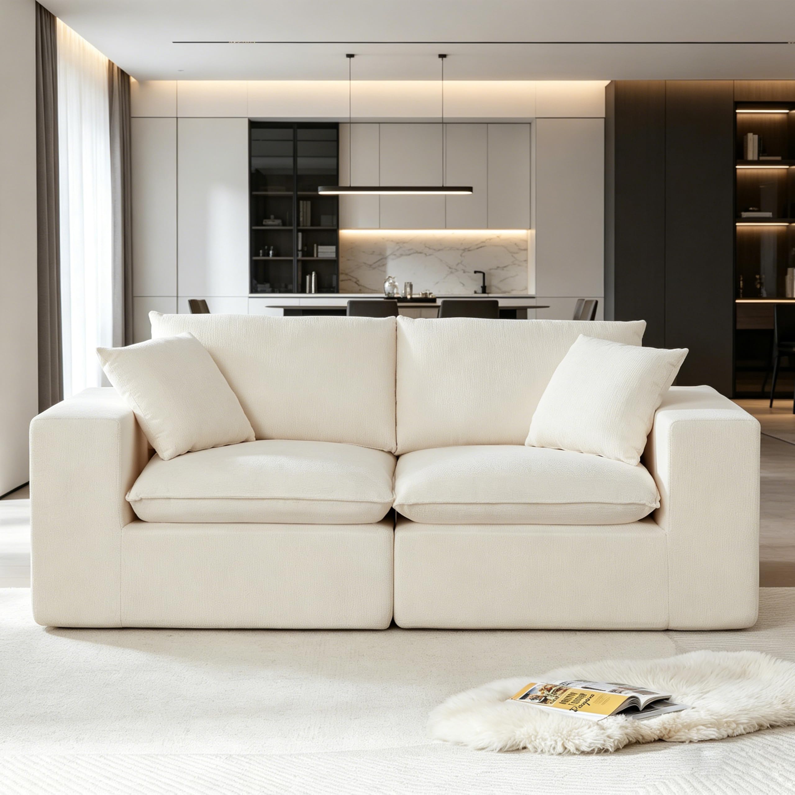 98.4-Inch Oversized Boneless Cloud Couches Deep Seat Foam Sofa Couch with 2 Round Toss Pillows, Luxury Corduroy Upholstered 3 Seat Tufted Loveseat, Cloud Sofa in a Box