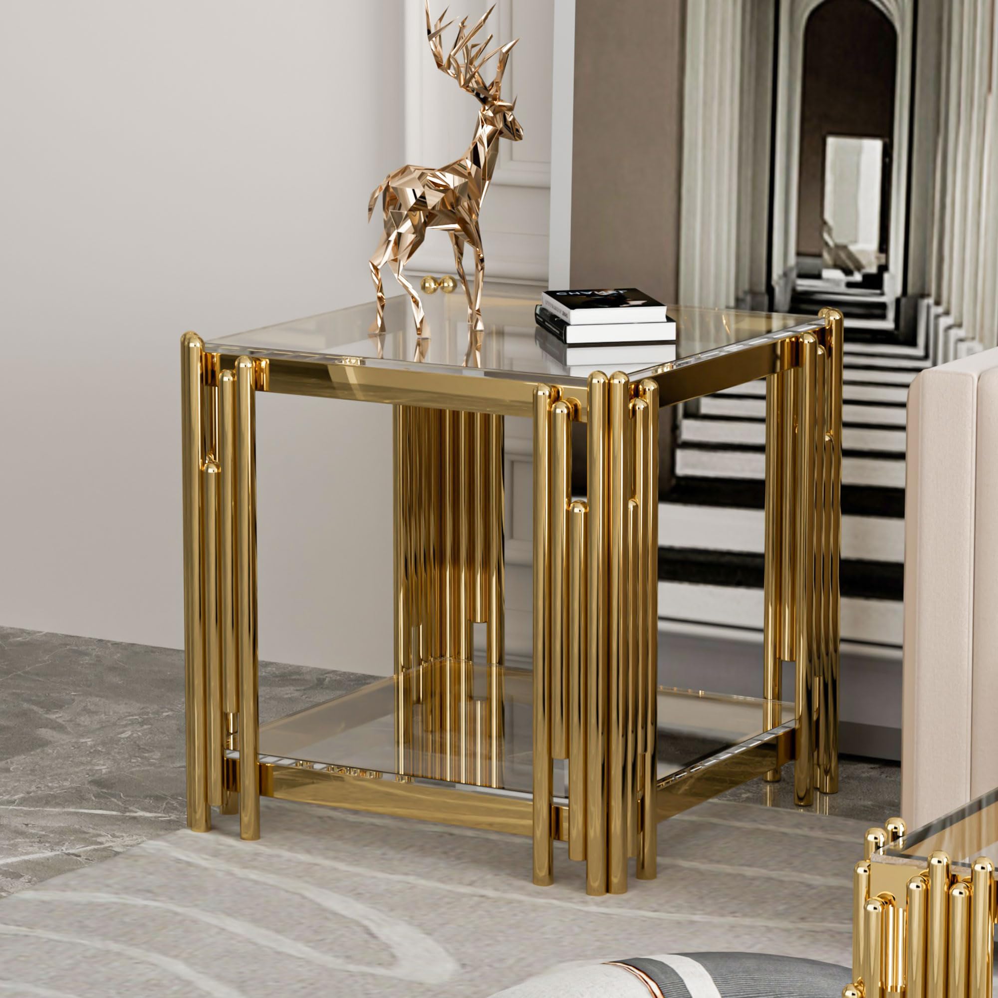 Luxury Gold Square Glass End Table, 19.7" Modern Side Table with Stainless Steel Irregular Leg Clear Tempered Glass Tabletop, Accent Furniture for Living Room, Clear