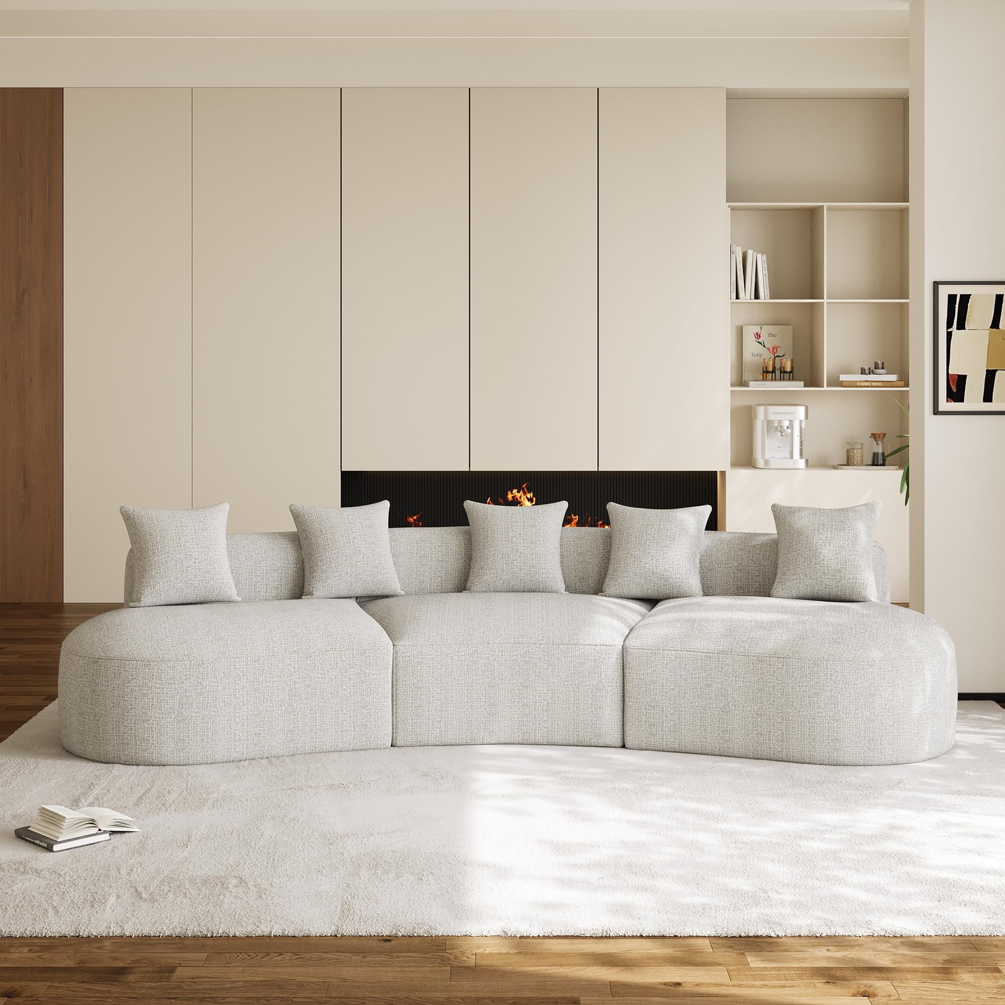 131" Oversized Sectional Sofa for Living Room, Modern Luxury Plush Chenille 4-Seater Extra Deep & Wide Seat Curved Cloud Couch with 4 Throw Pillows, No Assembly Needed, Light Brown