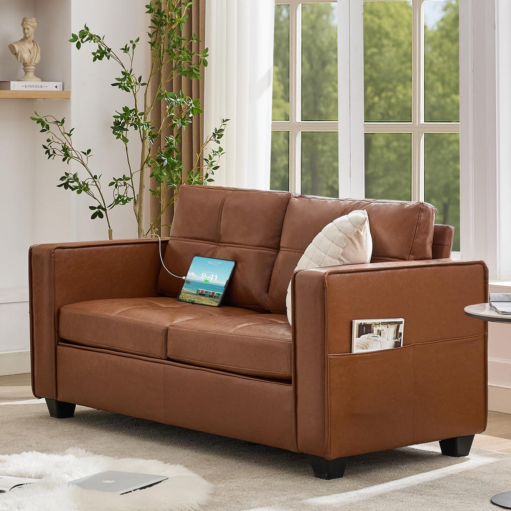 TYBOATLE 88" W Blue Faux Leather L Shaped Sectional Couches w/Side Pockets, Comfy Modular Convertible Sofas w/USB, Office Sofa Set with Chaise for Living Room, Bedroom (Blue, 3L)