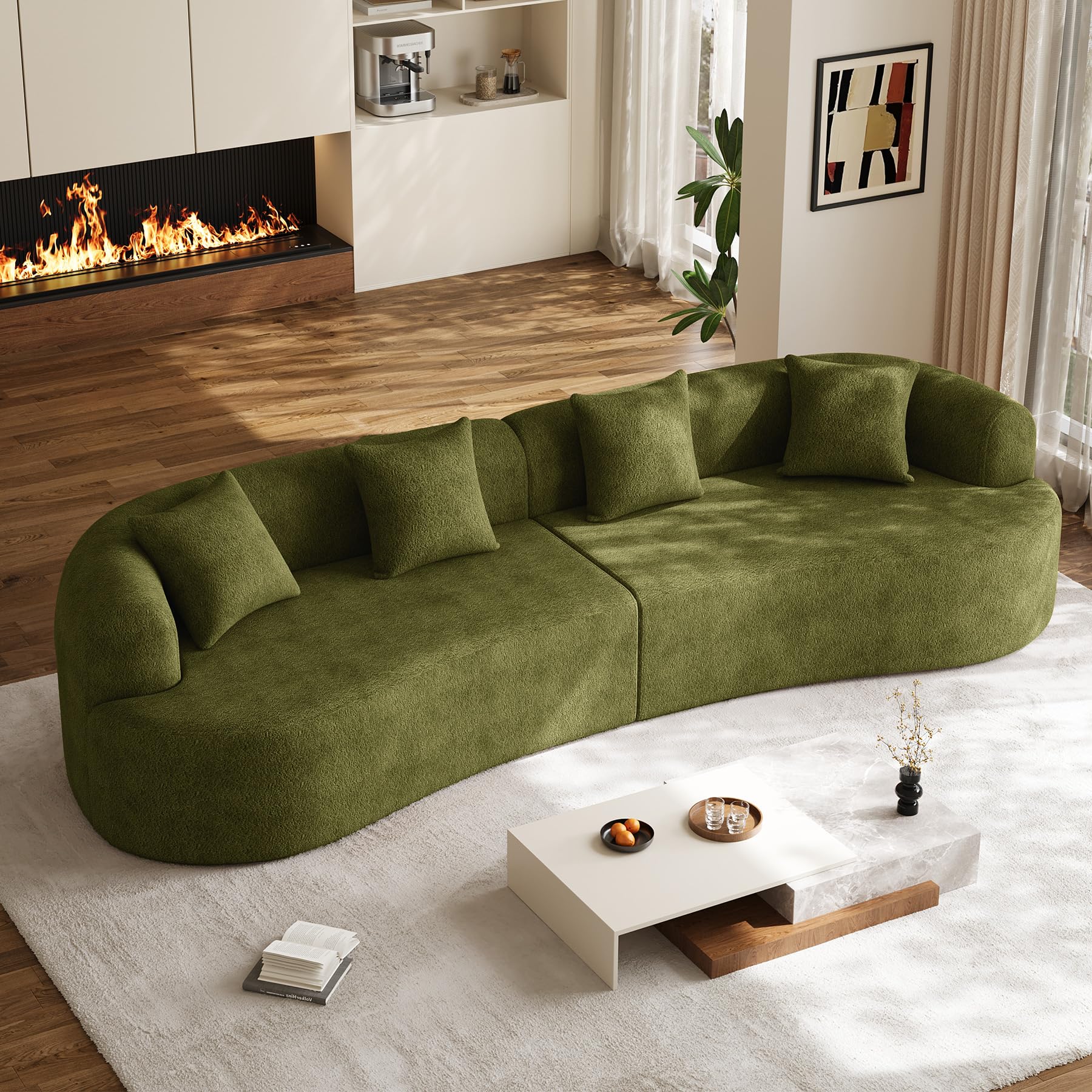 131" Oversized Sectional Sofa for Living Room, Modern Luxury Plush Chenille 4-Seater Extra Deep & Wide Seat Curved Cloud Couch with 4 Throw Pillows, No Assembly Needed, Light Brown