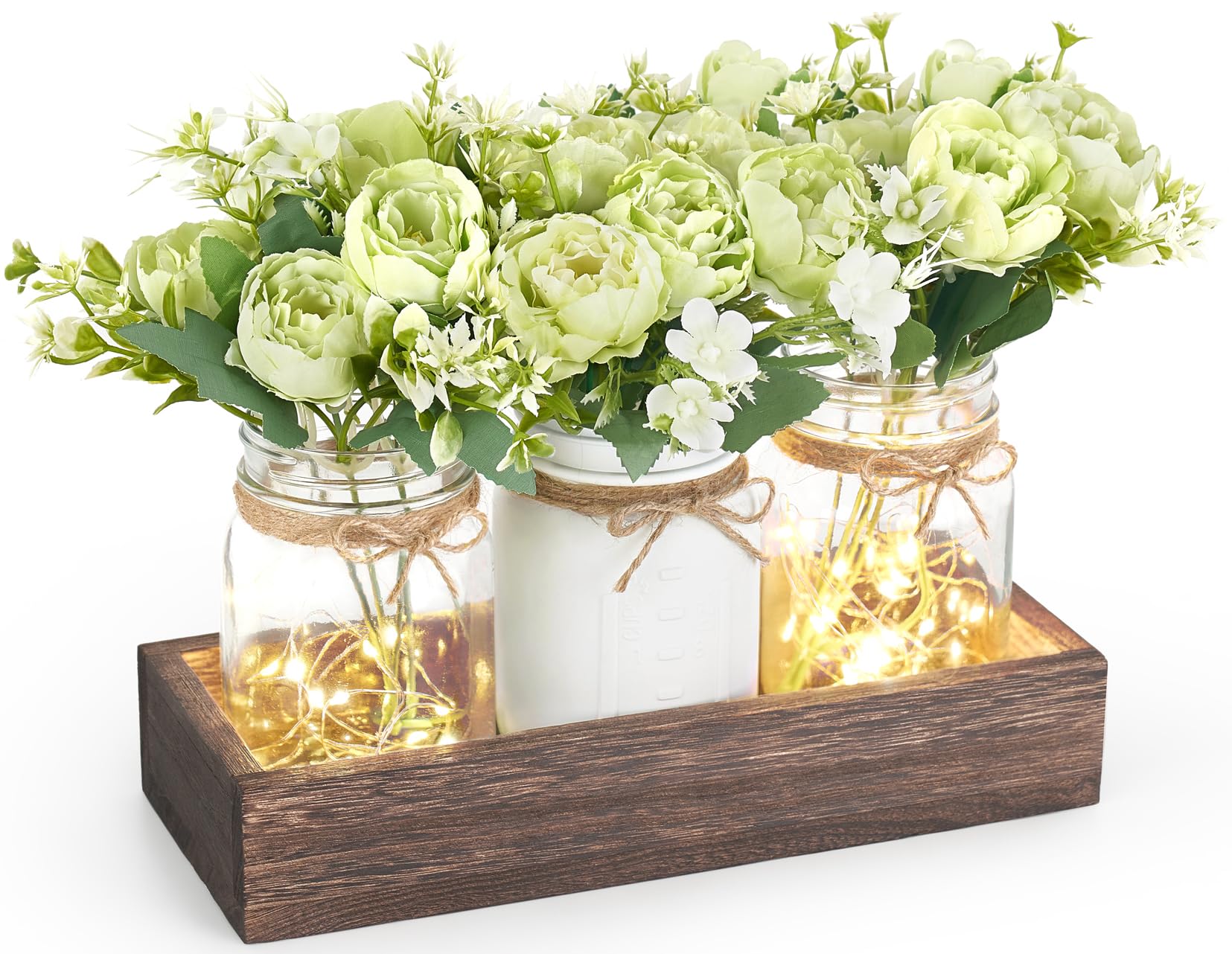 Mkono Mason Jar Lights Centerpiece Table Decor for Dining Room Farmhouse Wood Tray with 3 Jars Flowers Valentines Day Decoration for Coffee Table Kitchen Living Room Wedding