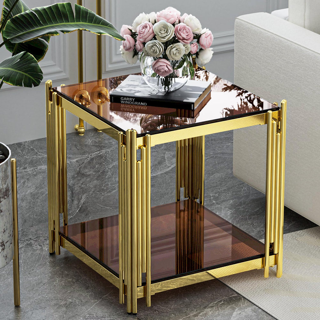 Luxury Gold Square Glass End Table, 19.7" Modern Side Table with Stainless Steel Irregular Leg Clear Tempered Glass Tabletop, Accent Furniture for Living Room, Clear