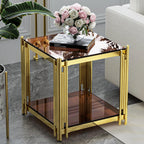 Luxury Gold Square Glass End Table, 19.7" Modern Side Table with Stainless Steel Irregular Leg Clear Tempered Glass Tabletop, Accent Furniture for Living Room, Clear