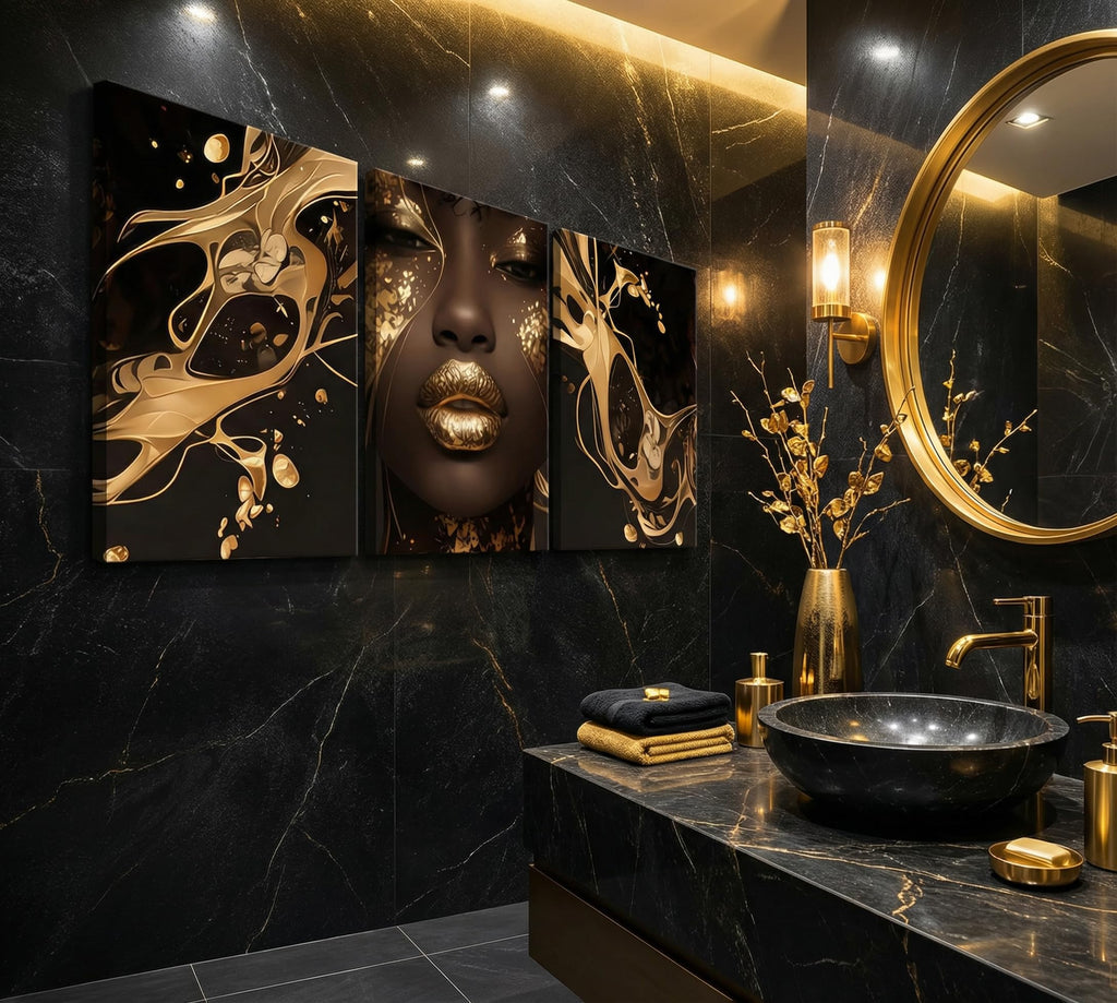 3 Pcs Black Gold Woman Canvas Wall Art African American Black Girl Wall Decor Pictures Abstract Black Gold Female Poster Print Artwork for Living Room Bedroom Scene Home Decoration Prepare To Hang