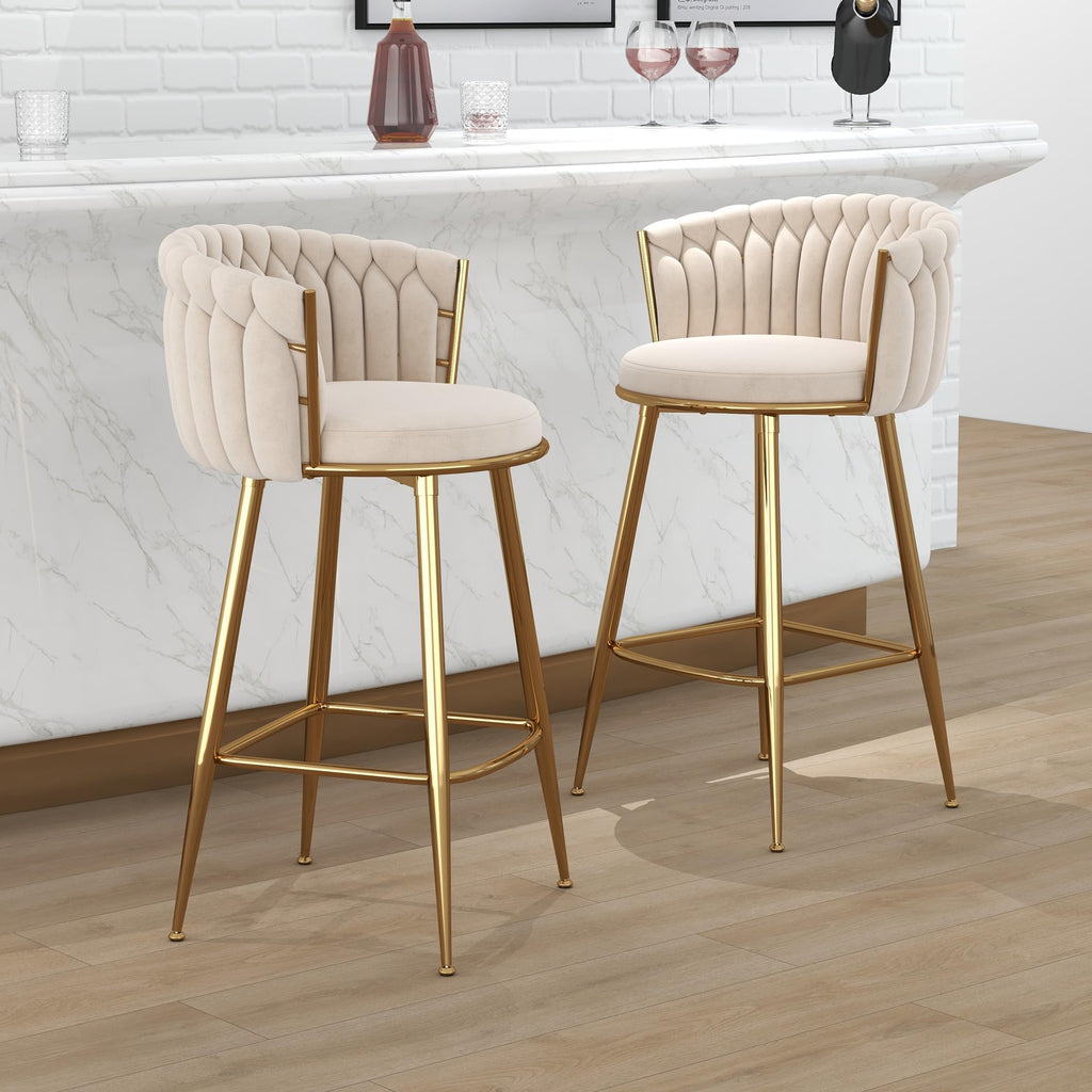 ABET Gold Bar Stool Set of 2, Velvet Swivel Barstools, Height Adjustable Counter Stools with Woven Back, Upholstered Modern Luxury Kitchen Stools with Footrest for Cafe, Pub, Black