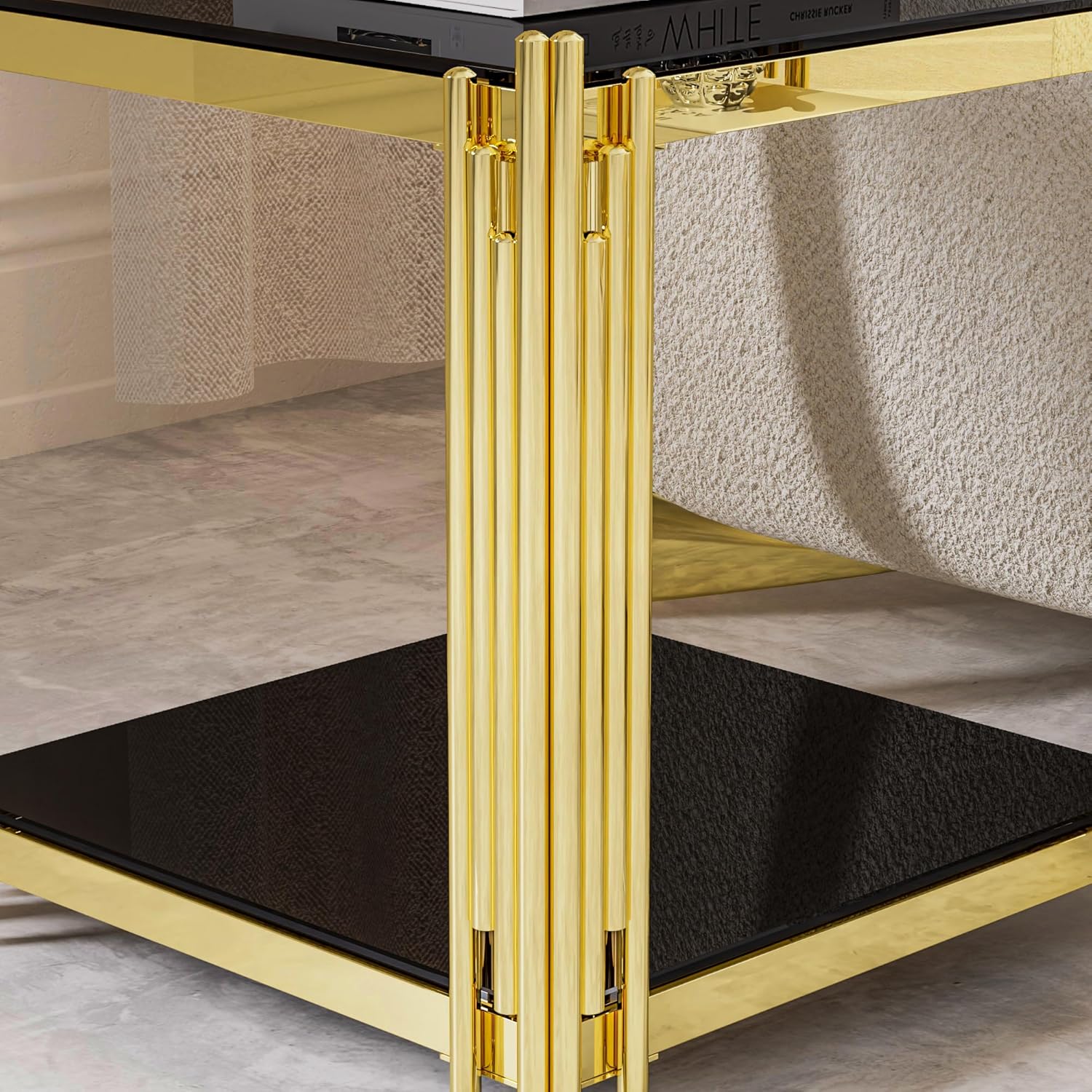 Luxury Gold Square Glass End Table, 19.7" Modern Side Table with Stainless Steel Irregular Leg Clear Tempered Glass Tabletop, Accent Furniture for Living Room, Clear
