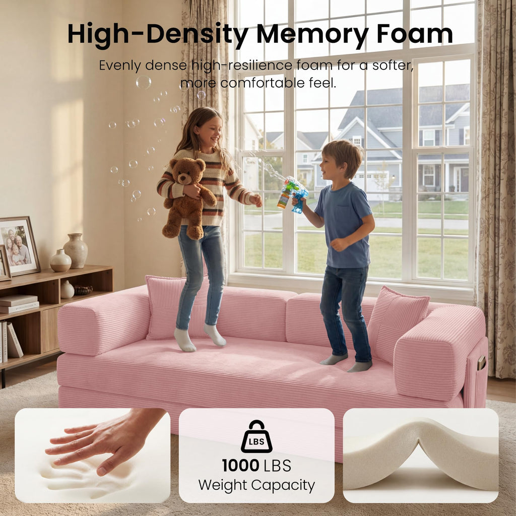 78.8" Convertible Futon Sofa Bed,Corduroy Futon Couch with Storage Pocket,Folding Pull Out Sofa,No Assembly Boneless Couch for Living Room | Pink