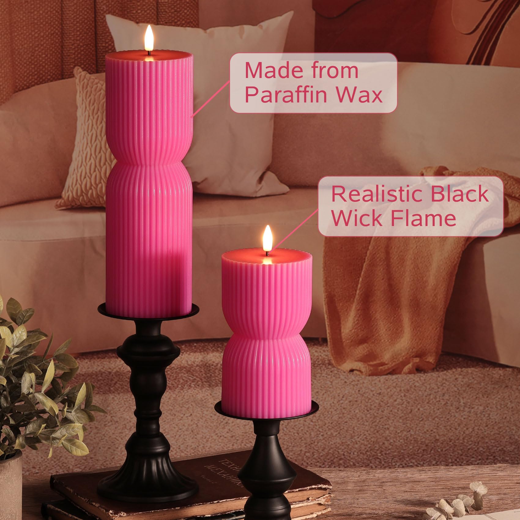 Olive Green Ribbed Flameless Pillar Candles with Remote, LED Candles Battery Operated Flickering Real Wax Set of 2