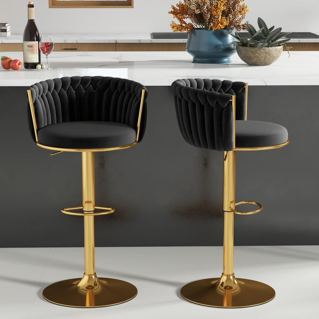ABET Gold Bar Stool Set of 2, Velvet Swivel Barstools, Height Adjustable Counter Stools with Woven Back, Upholstered Modern Luxury Kitchen Stools with Footrest for Cafe, Pub, Black
