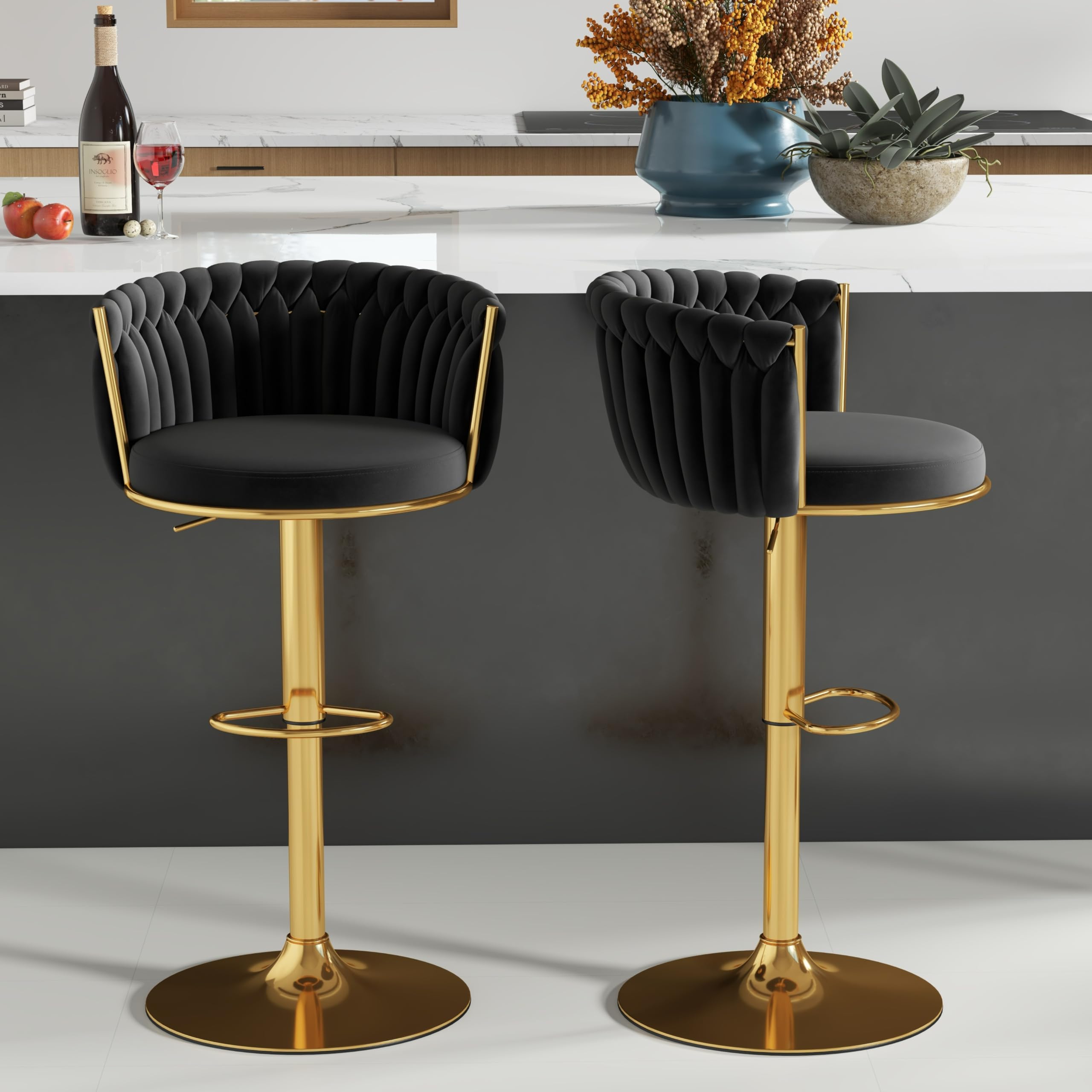 ABET Gold Bar Stool Set of 2, Velvet Swivel Barstools, Height Adjustable Counter Stools with Woven Back, Upholstered Modern Luxury Kitchen Stools with Footrest for Cafe, Pub, Black