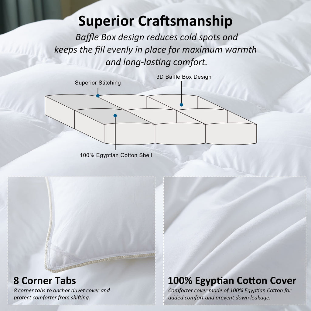 Luxurious White Solid Heavy Weight, Palatial King Size Goose Feathers Down Comforter for Winter Weather, 120 X 98 inches, Premium Baffle Box, 100% Egyptian Cotton Cover, 95 oz. Fill Weight