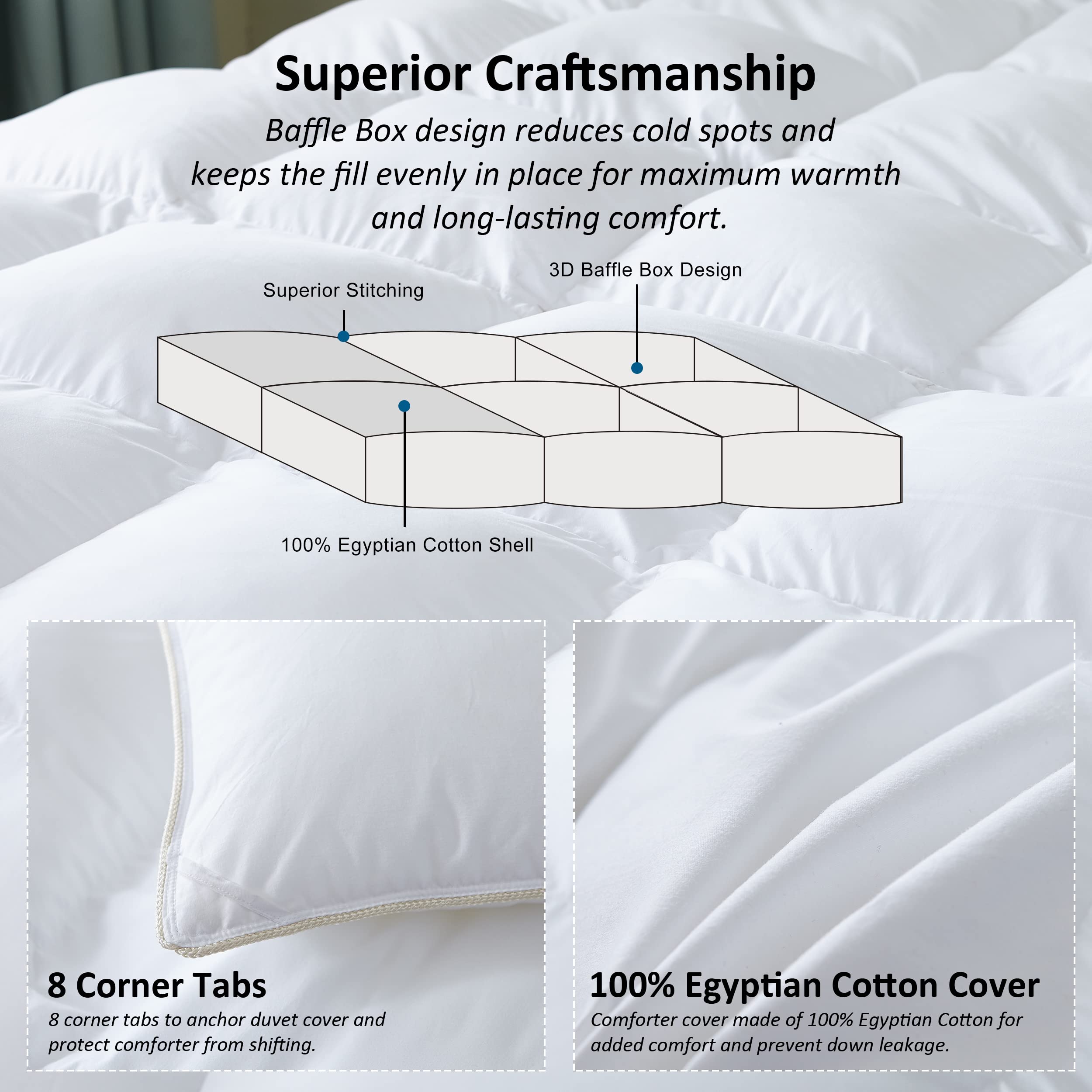 Luxurious White Solid Heavy Weight, Palatial King Size Goose Feathers Down Comforter for Winter Weather, 120 X 98 inches, Premium Baffle Box, 100% Egyptian Cotton Cover, 95 oz. Fill Weight