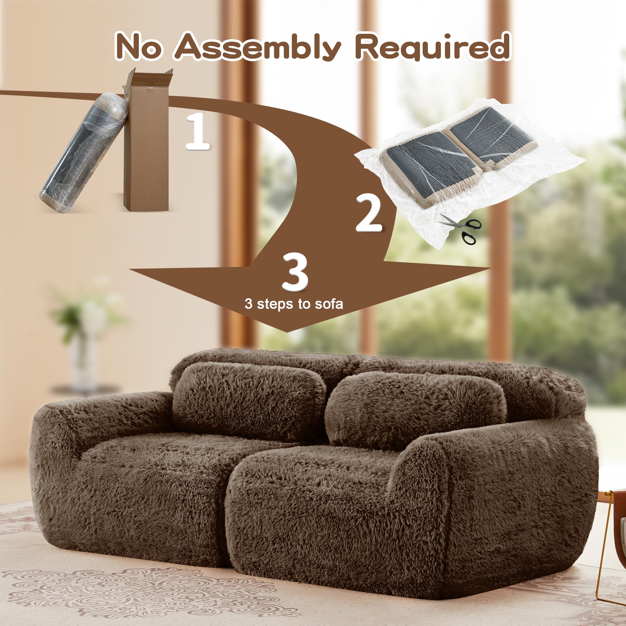 98.4-Inch Oversized Boneless Cloud Couches Deep Seat Foam Sofa Couch with 2 Round Toss Pillows, Luxury Corduroy Upholstered 3 Seat Tufted Loveseat, Cloud Sofa in a Box