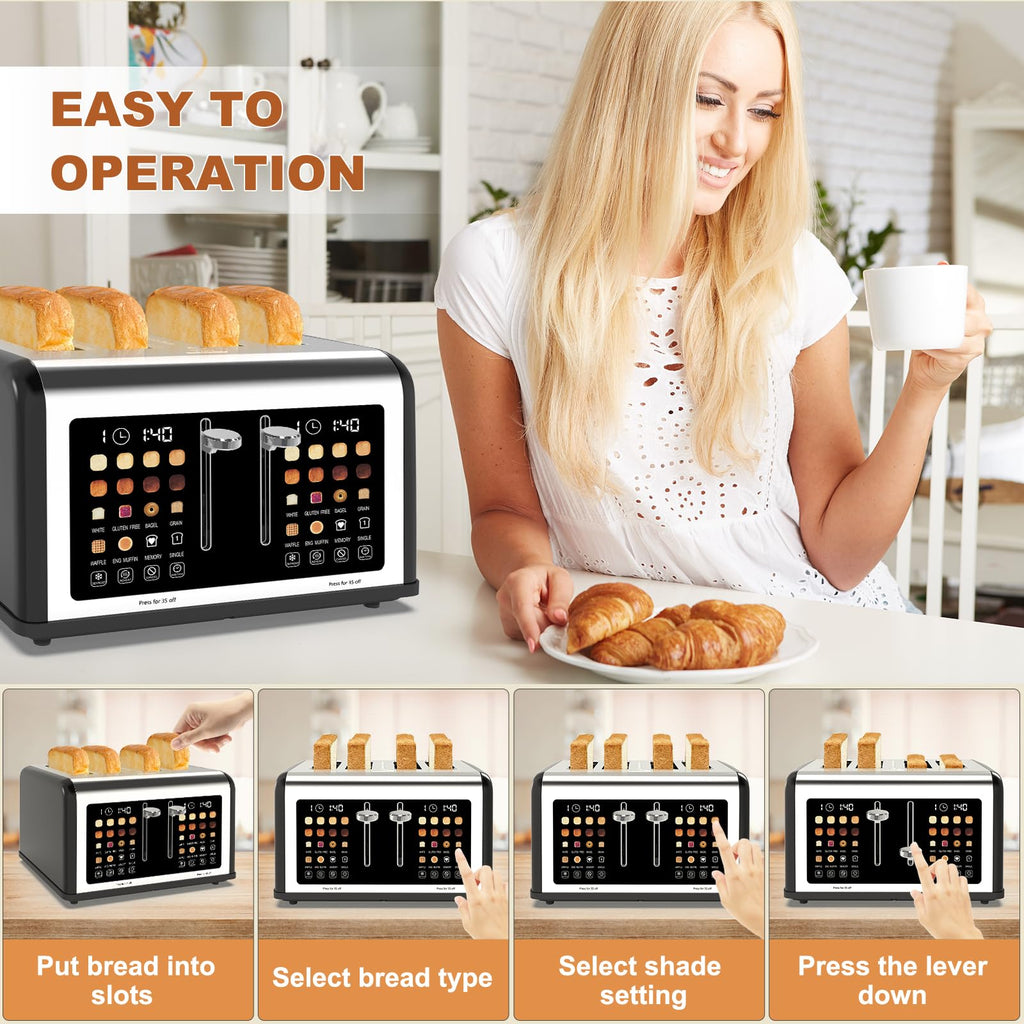 4 Slice Toaster Touch Screen, Stainless Steel Toasters Digital Timer, Dual Control Panel Toasters, 8 Shade Settings 6 Bread Types for Bagel, Cancel, Defrost 1650W