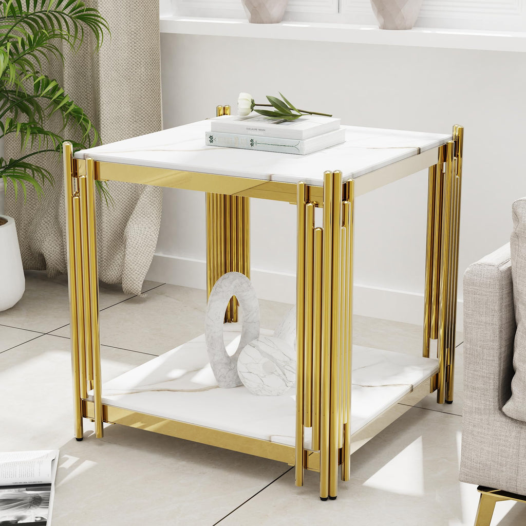 Luxury Gold Square Glass End Table, 19.7" Modern Side Table with Stainless Steel Irregular Leg Clear Tempered Glass Tabletop, Accent Furniture for Living Room, Clear