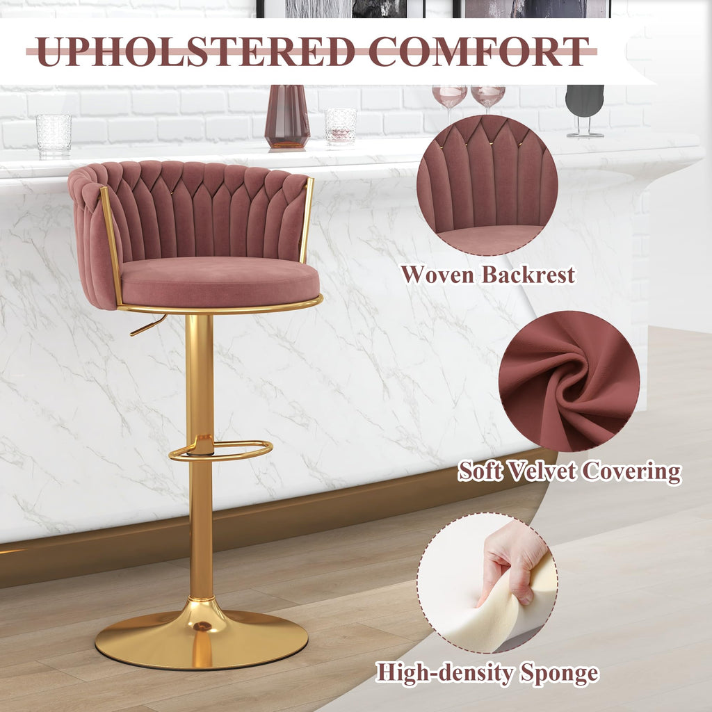 ABET Gold Bar Stool Set of 2, Velvet Swivel Barstools, Height Adjustable Counter Stools with Woven Back, Upholstered Modern Luxury Kitchen Stools with Footrest for Cafe, Pub, Black