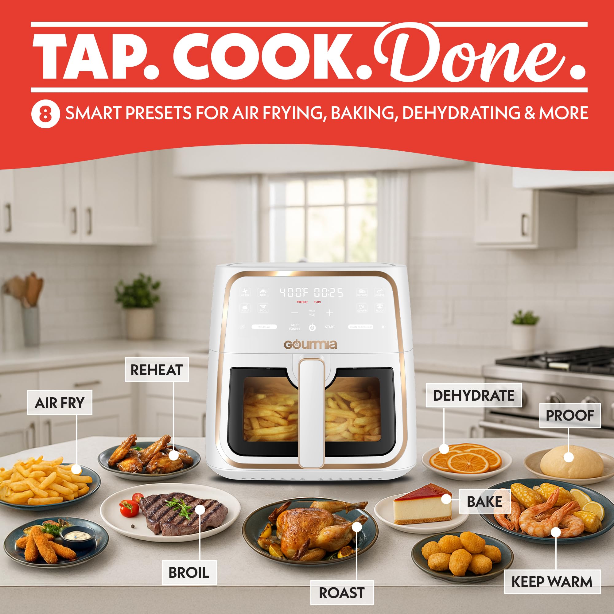 Gourmia 8 Qt Air Fryer, 8 Presets with Digital Display, FryForce 360° Technology, Easy View Window & Interior Light, Dishwasher Safe Basket, Green