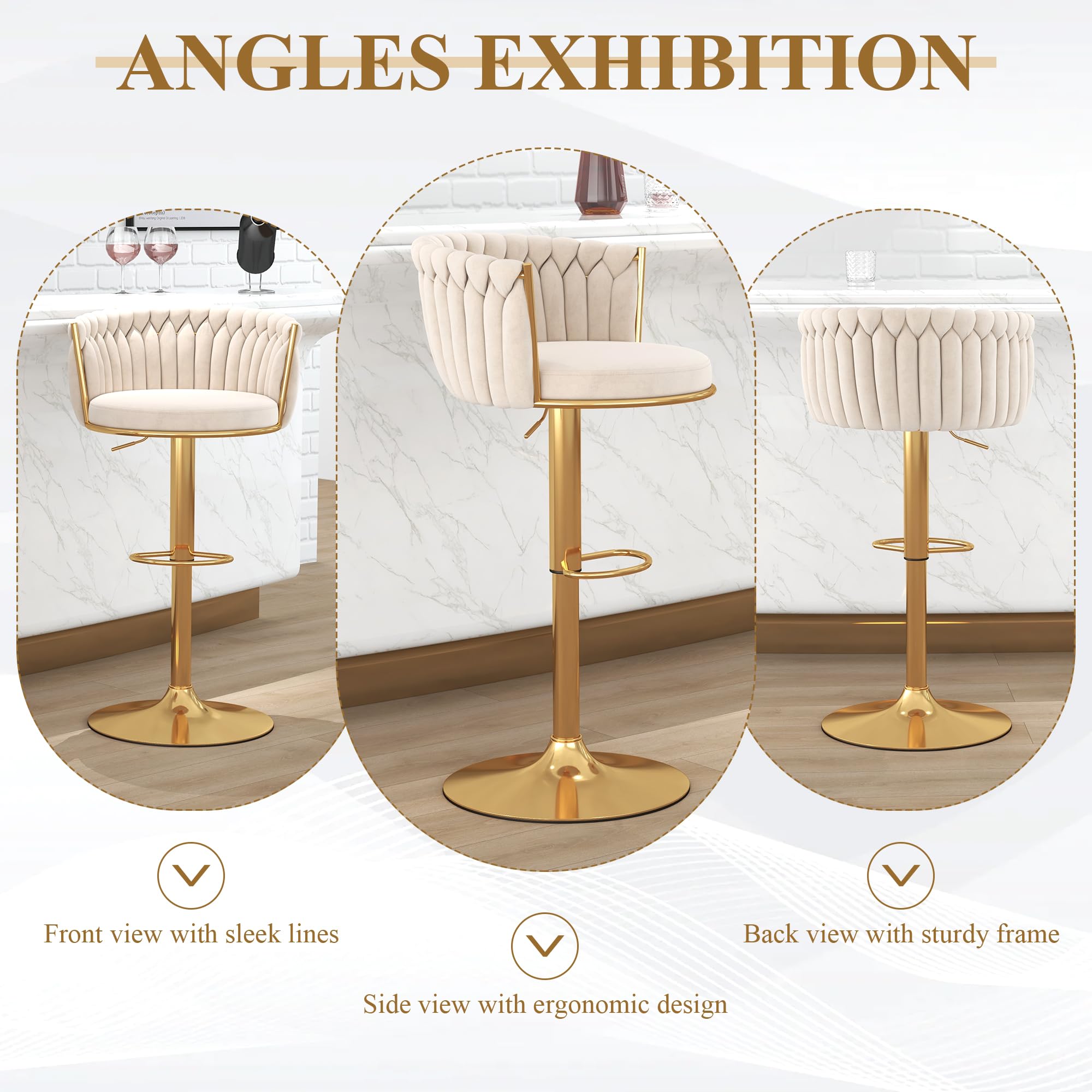 ABET Gold Bar Stool Set of 2, Velvet Swivel Barstools, Height Adjustable Counter Stools with Woven Back, Upholstered Modern Luxury Kitchen Stools with Footrest for Cafe, Pub, Black