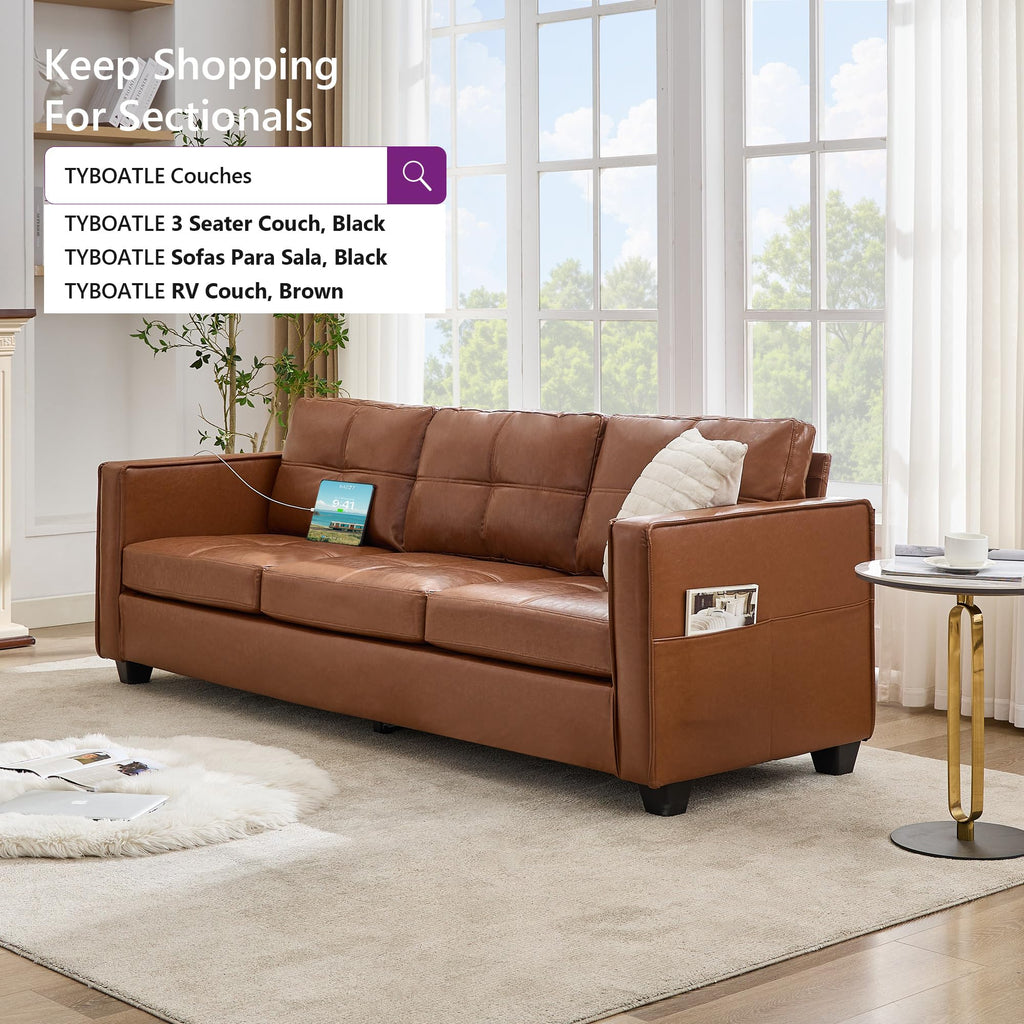 TYBOATLE 88" W Blue Faux Leather L Shaped Sectional Couches w/Side Pockets, Comfy Modular Convertible Sofas w/USB, Office Sofa Set with Chaise for Living Room, Bedroom (Blue, 3L)