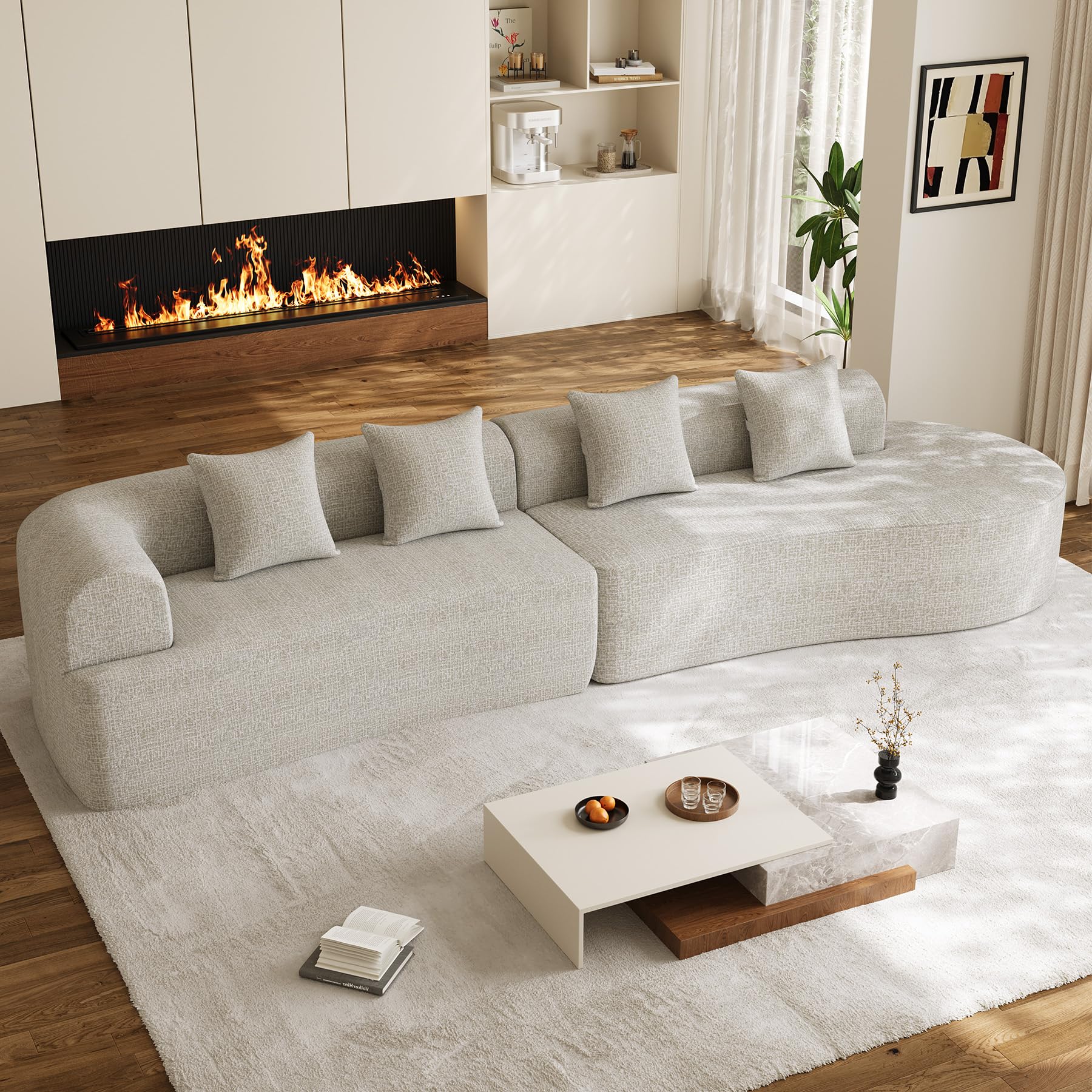 131" Oversized Sectional Sofa for Living Room, Modern Luxury Plush Chenille 4-Seater Extra Deep & Wide Seat Curved Cloud Couch with 4 Throw Pillows, No Assembly Needed, Light Brown