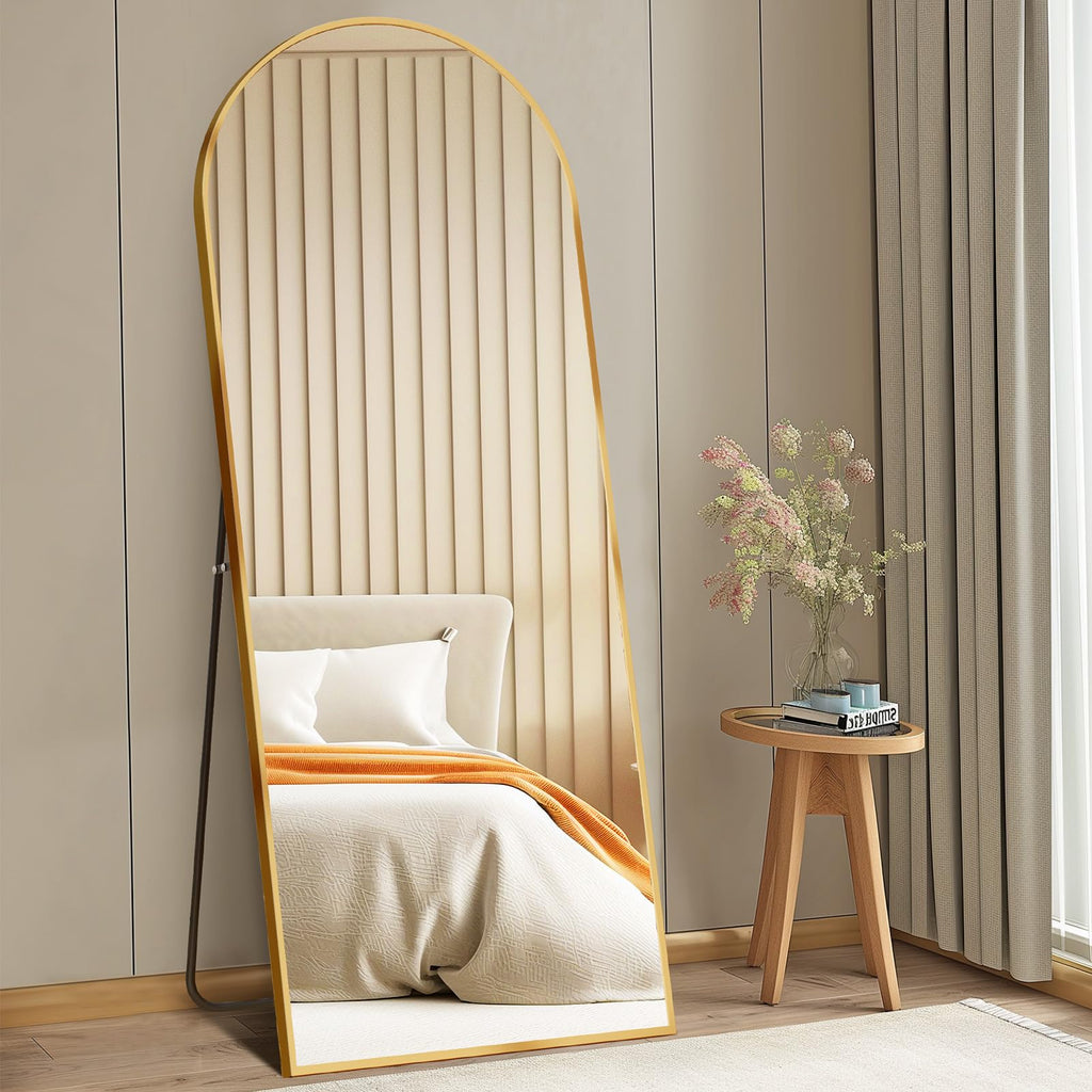 DUMOS Arched Full Length Mirror with Stand 64"x21" Floor Standing Aluminum Frame for Bedroom Body Hanging Leaning Modern Simple Home Decor Shatter-proorf Nano Glass Wall Living Room Cloakroom Black