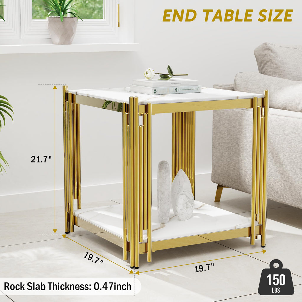 Luxury Gold Square Glass End Table, 19.7" Modern Side Table with Stainless Steel Irregular Leg Clear Tempered Glass Tabletop, Accent Furniture for Living Room, Clear