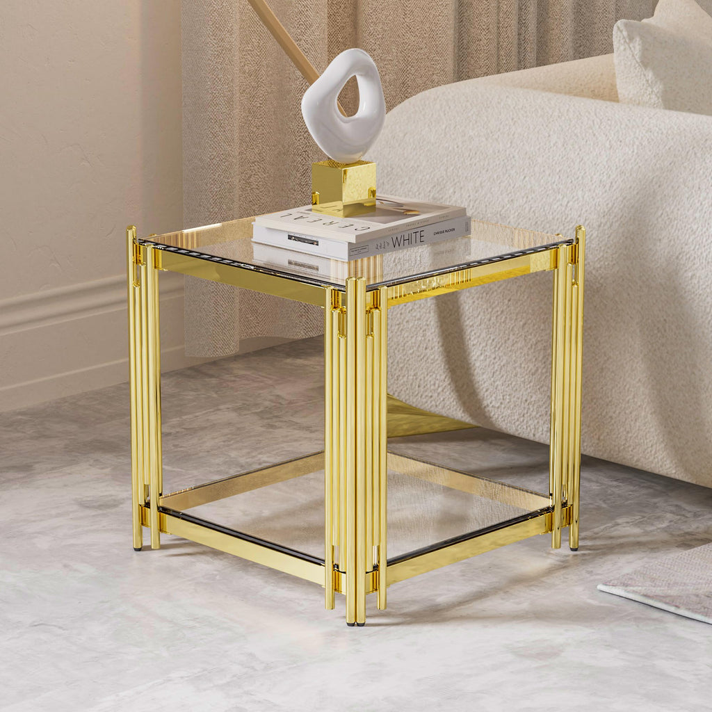 Luxury Gold Square Glass End Table, 19.7" Modern Side Table with Stainless Steel Irregular Leg Clear Tempered Glass Tabletop, Accent Furniture for Living Room, Clear