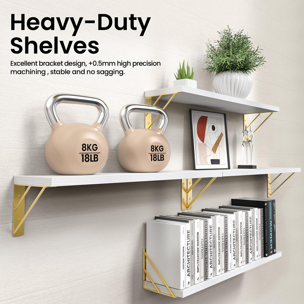 BAYKA Floating Shelves for Bedroom Decor, Wall Shelves for Storage, Wall Mounted Rustic Wood Floating Shelf for Books,Corner Shelf for Bathroom,Kitchen,Living Room(Black and Gold，Set of 4)
