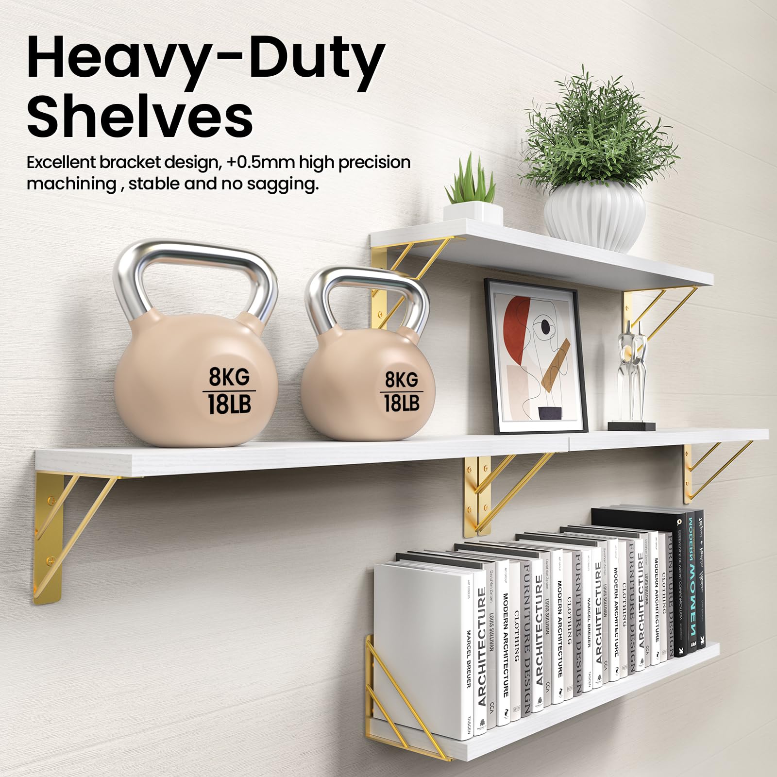 BAYKA Floating Shelves for Bedroom Decor, Wall Shelves for Storage, Wall Mounted Rustic Wood Floating Shelf for Books,Corner Shelf for Bathroom,Kitchen,Living Room(Black and Gold，Set of 4)