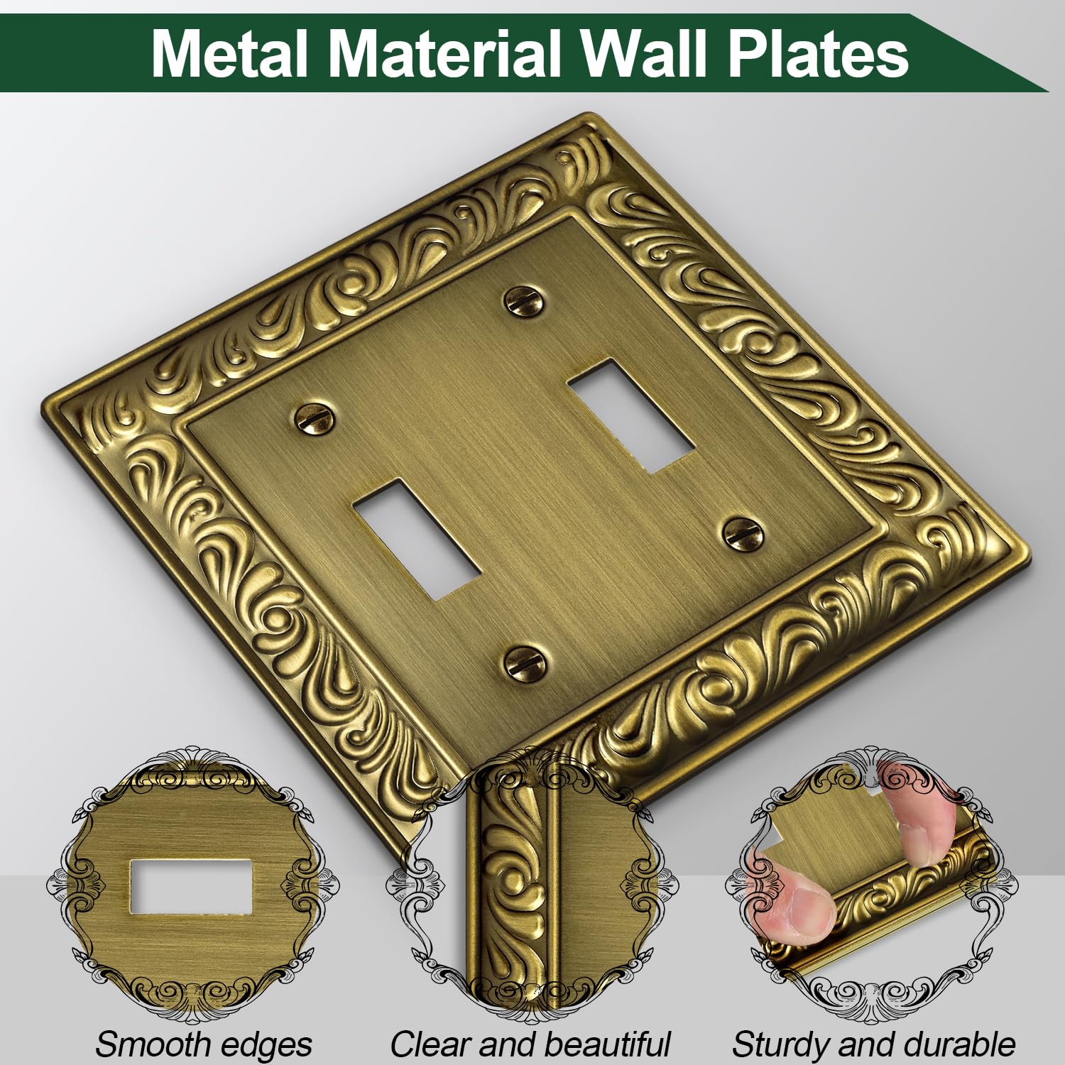 Antique Brass Duplex Outlet Cover Paisley Pattern Decorative Wall Plates for Electrical Outlet, Metal Switch Plates and Receptacle Cover for Kitchen Bathroom (1 Gang Duplex Outlet-6 Pack)