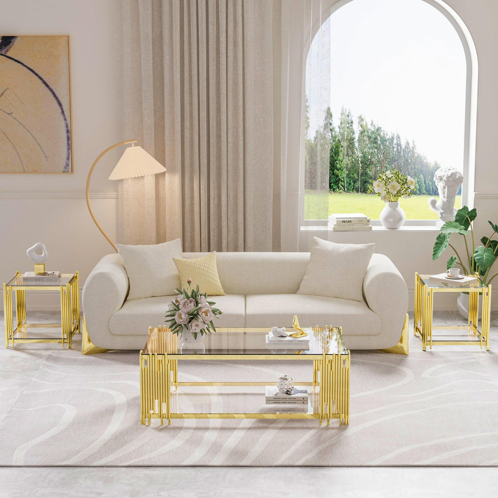 Luxury Gold Square Glass End Table, 19.7" Modern Side Table with Stainless Steel Irregular Leg Clear Tempered Glass Tabletop, Accent Furniture for Living Room, Clear