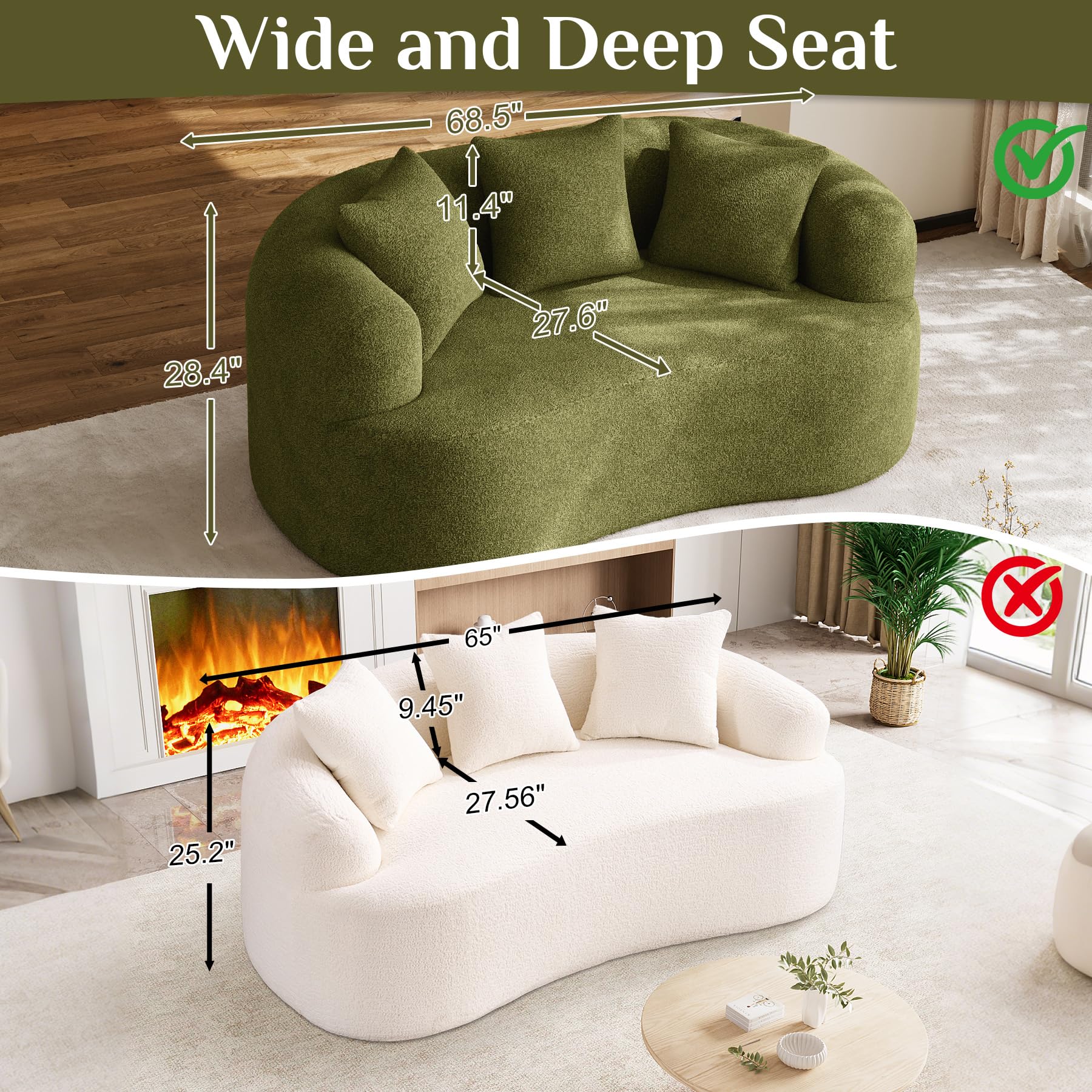 131" Oversized Sectional Sofa for Living Room, Modern Luxury Plush Chenille 4-Seater Extra Deep & Wide Seat Curved Cloud Couch with 4 Throw Pillows, No Assembly Needed, Light Brown