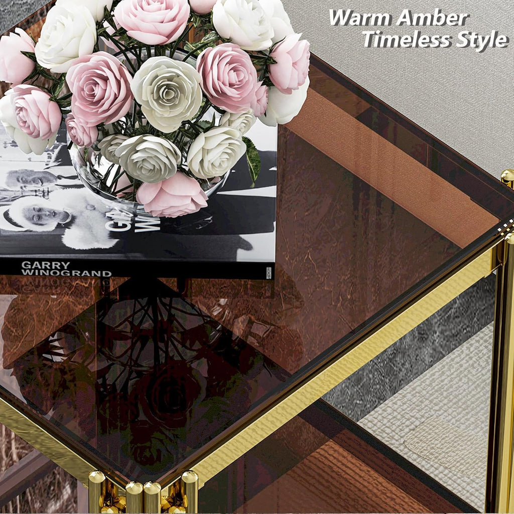 Luxury Gold Square Glass End Table, 19.7" Modern Side Table with Stainless Steel Irregular Leg Clear Tempered Glass Tabletop, Accent Furniture for Living Room, Clear
