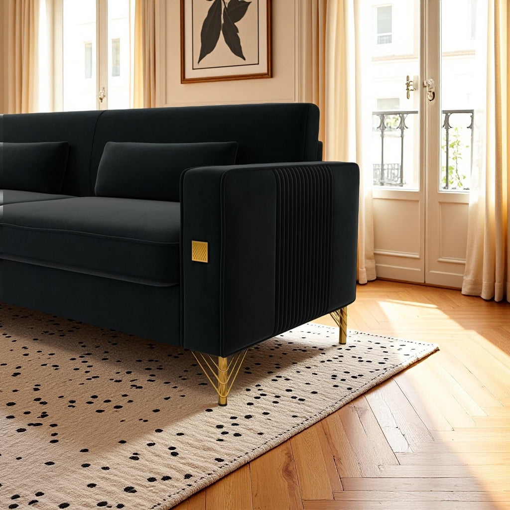 KEIKI 86" Oversized Luxury Velvet Sofa with Armrest and Removable Plush Cushions, Modern Style Gold Accents 3-Seater Couch with Solid Legs, Easy Assembly, for Living Room, Apartment, Green