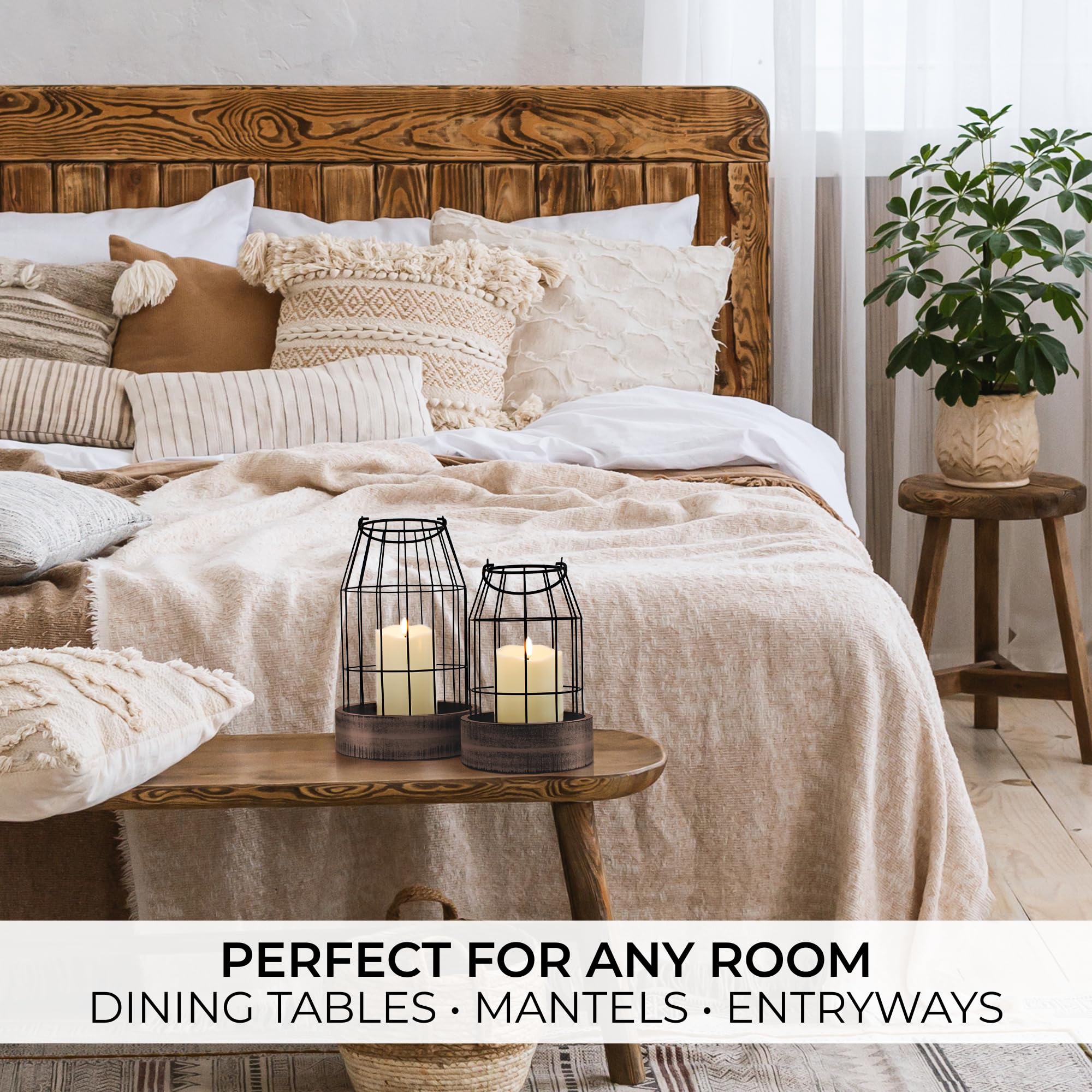 Rustic Farmhouse Lantern Decor Set of 2 - Stylish Decorative Lanterns for Your Living Room, Patio & Porch or Kitchen Dining Table - Modern Indoor/Outdoor Coffee Table Decor for Your Entire Home