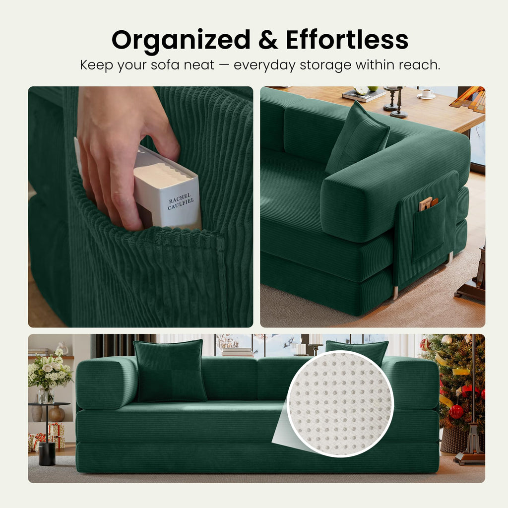 78.8" Convertible Futon Sofa Bed,Corduroy Futon Couch with Storage Pocket,Folding Pull Out Sofa,No Assembly Boneless Couch for Living Room | Pink